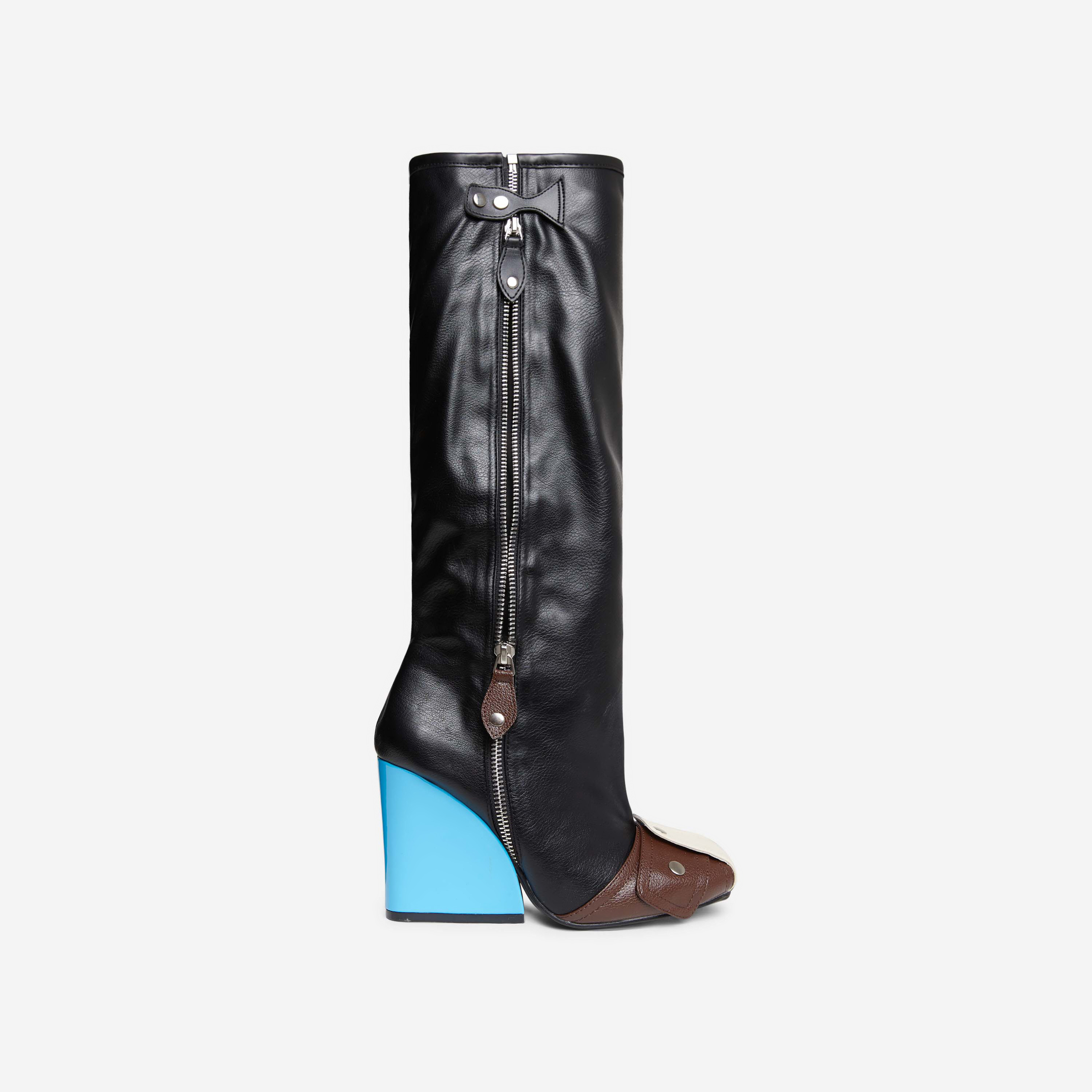 Senna Buckle Detail Square Toe Blue Wedge Heel Knee High Long Boot In Black Faux Leather, Multi (EGO SHOES)