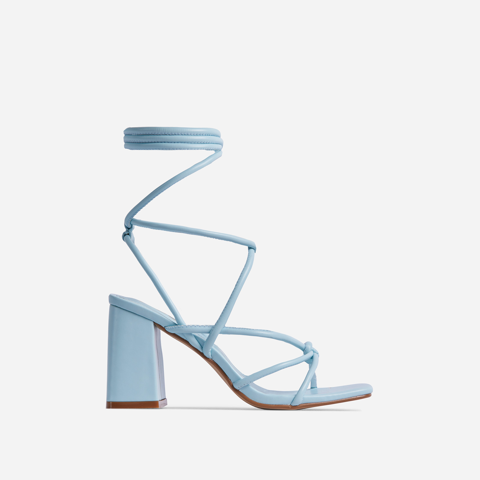 Ballerine Knotted Strappy Detail Lace Up Square Toe Block Heel In Blue Faux Leather, Blue (EGO SHOES)