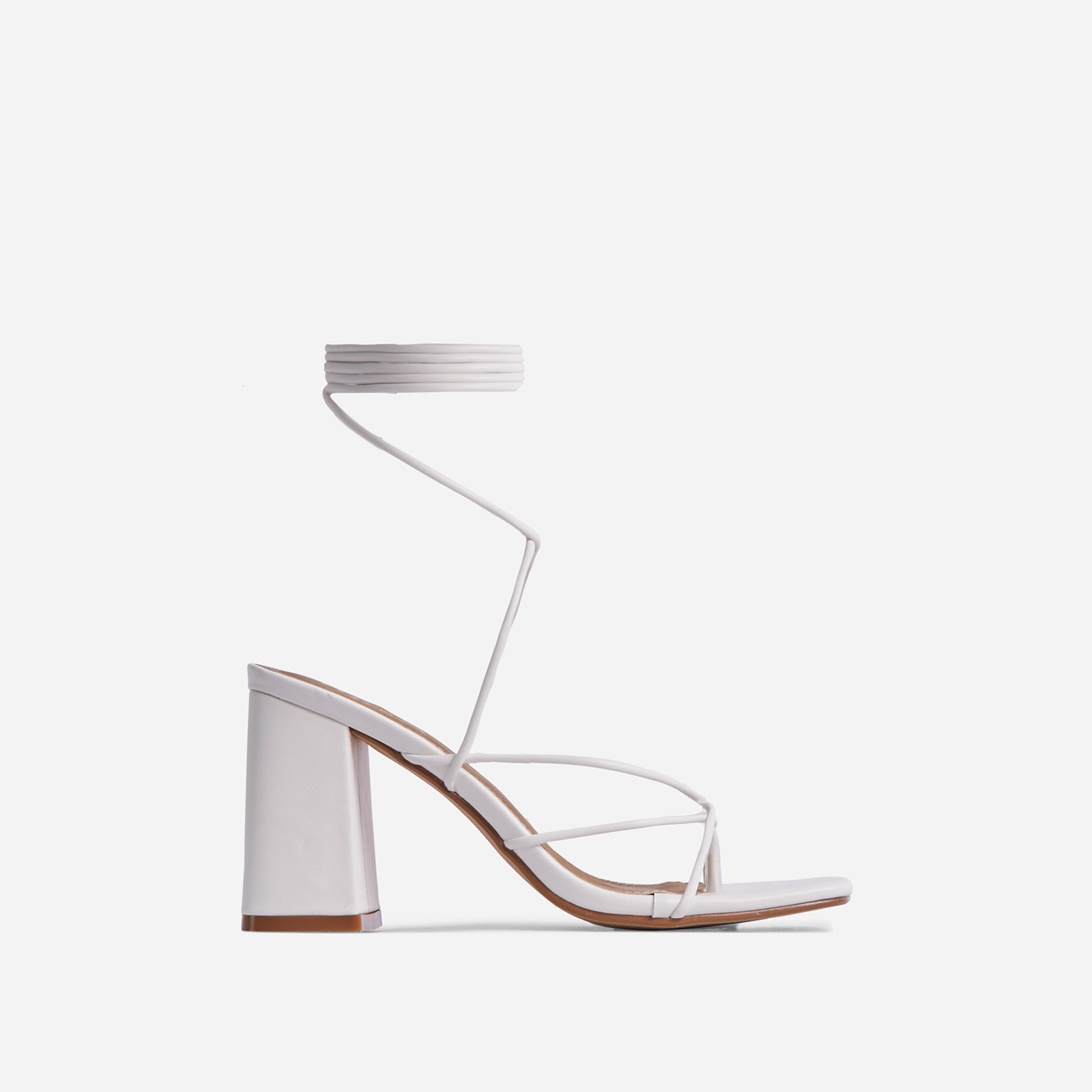 Deena Wide Fit Strappy Detail Lace Up Square Toe Lace Up Low Block Heel In White Faux Leather, White (EGO SHOES)