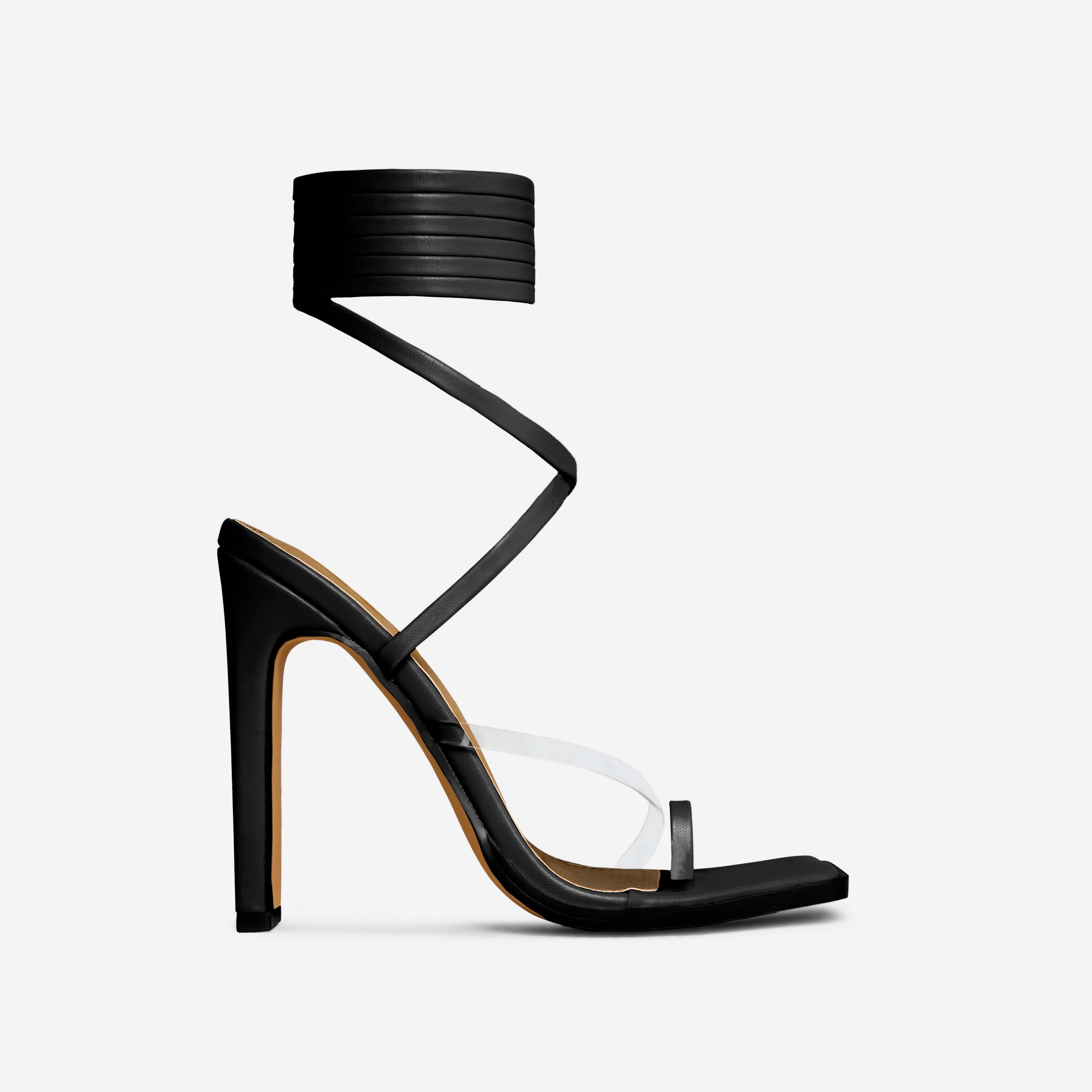 Smore Lace Up Perspex Strap Square Toe Thin Block Heel In Black Faux Leather, Black (EGO SHOES)