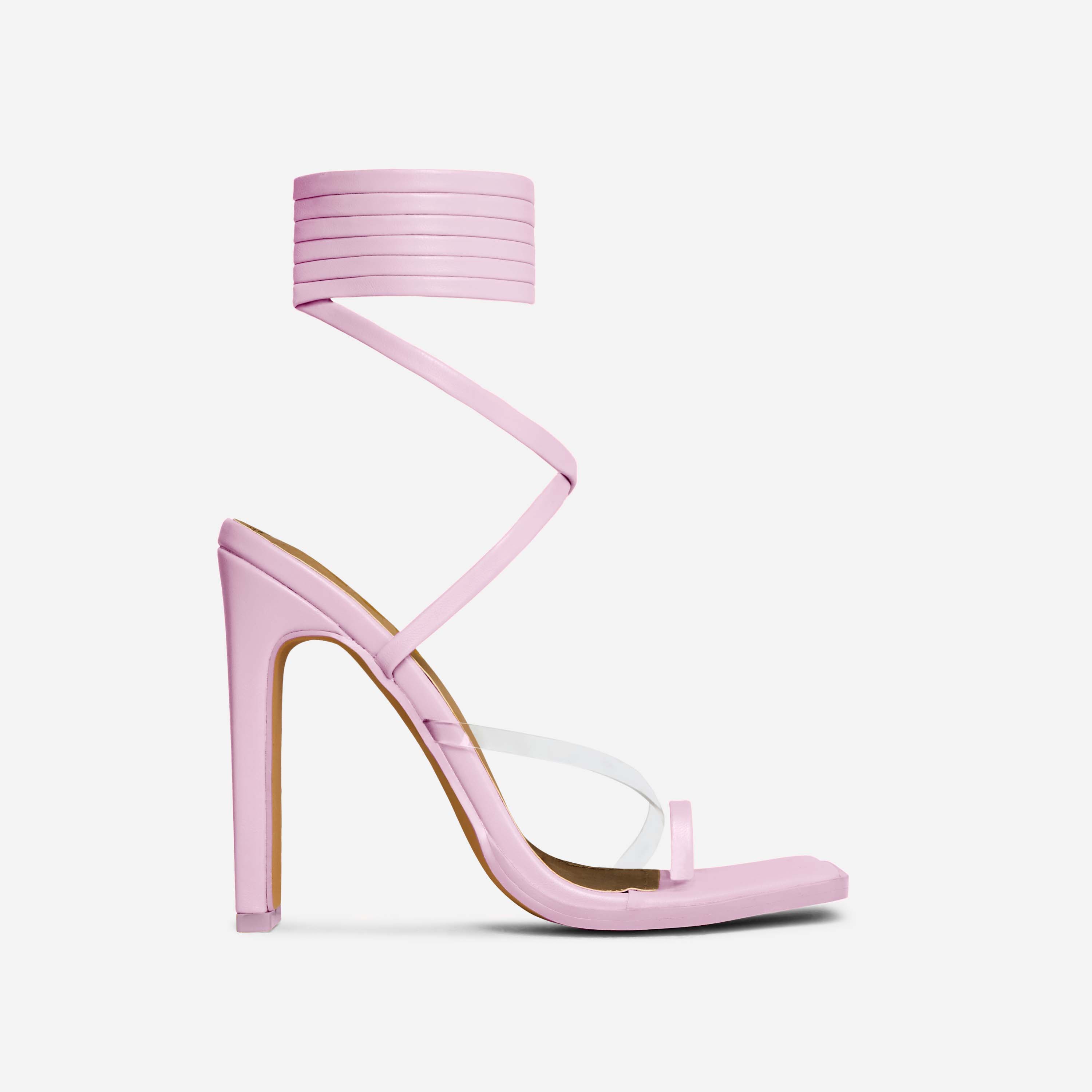 Smore Lace Up Perspex Strap Square Toe Thin Block Heel In Pink Faux Leather, Pink (EGO SHOES)