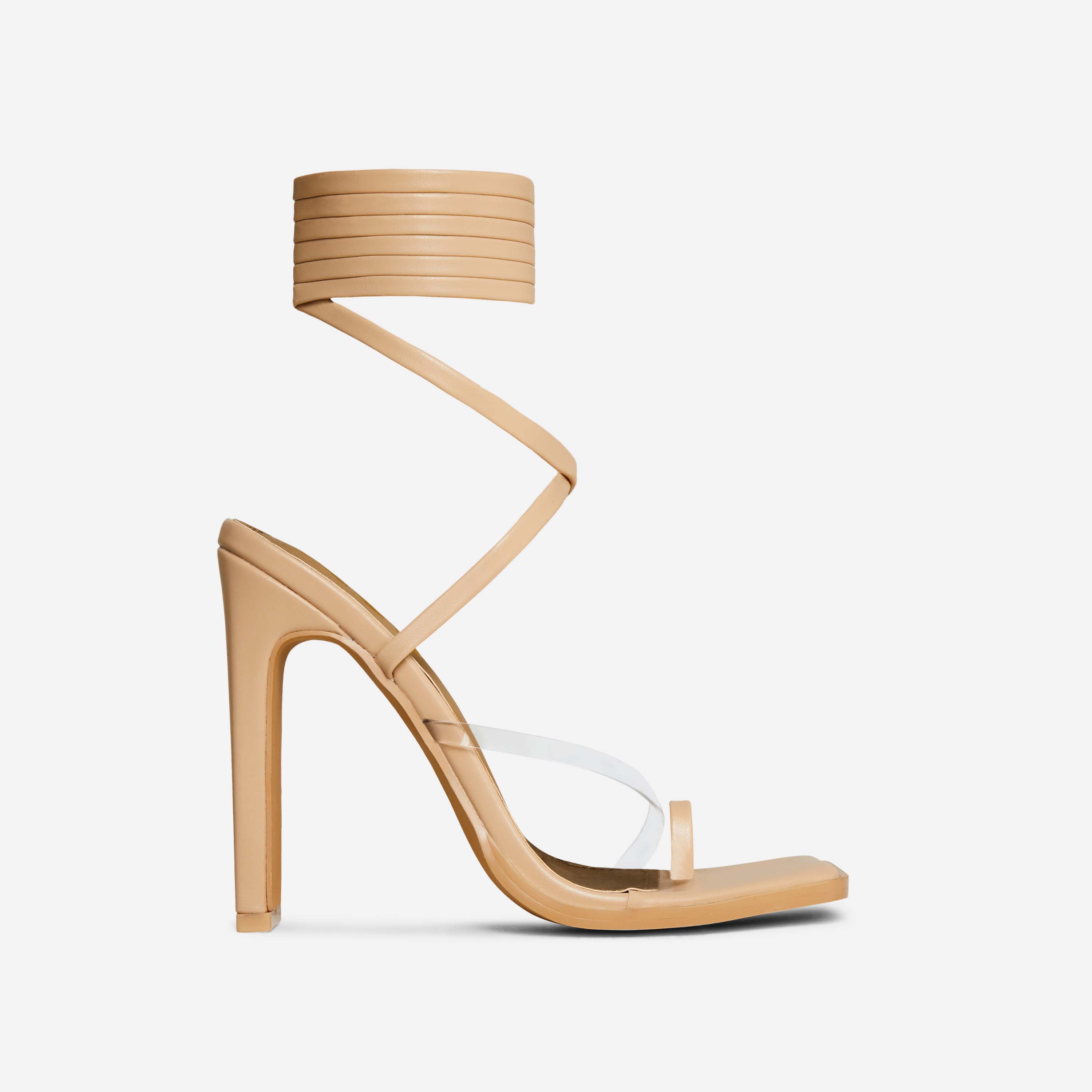 Smore Lace Up Perspex Strap Square Toe Thin Block Heel In Nude Faux Leather, Nude (EGO SHOES)