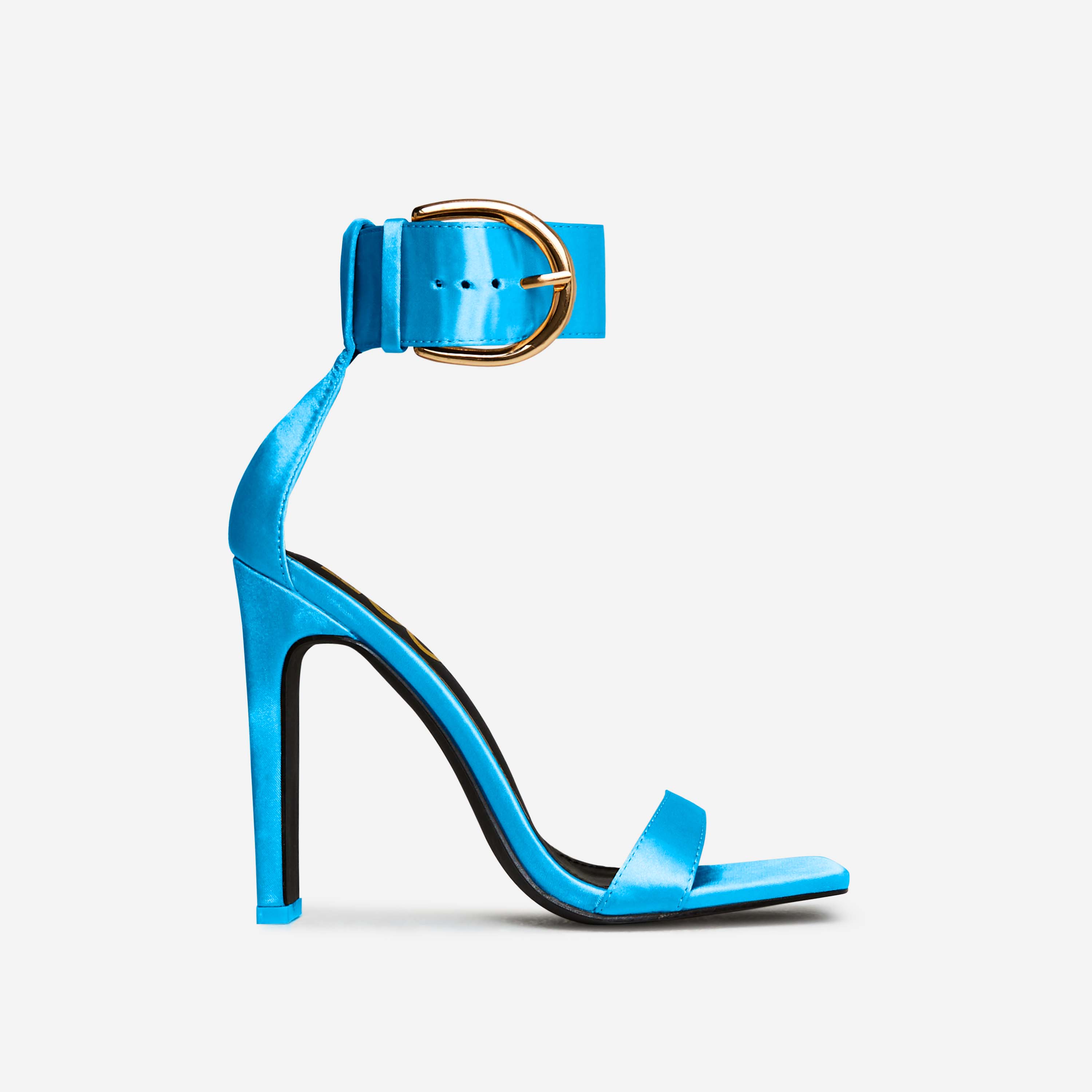 So-Am-I Oversized Buckle Detail Square Toe Thin Block Heel In Blue Satin, Blue (EGO SHOES)