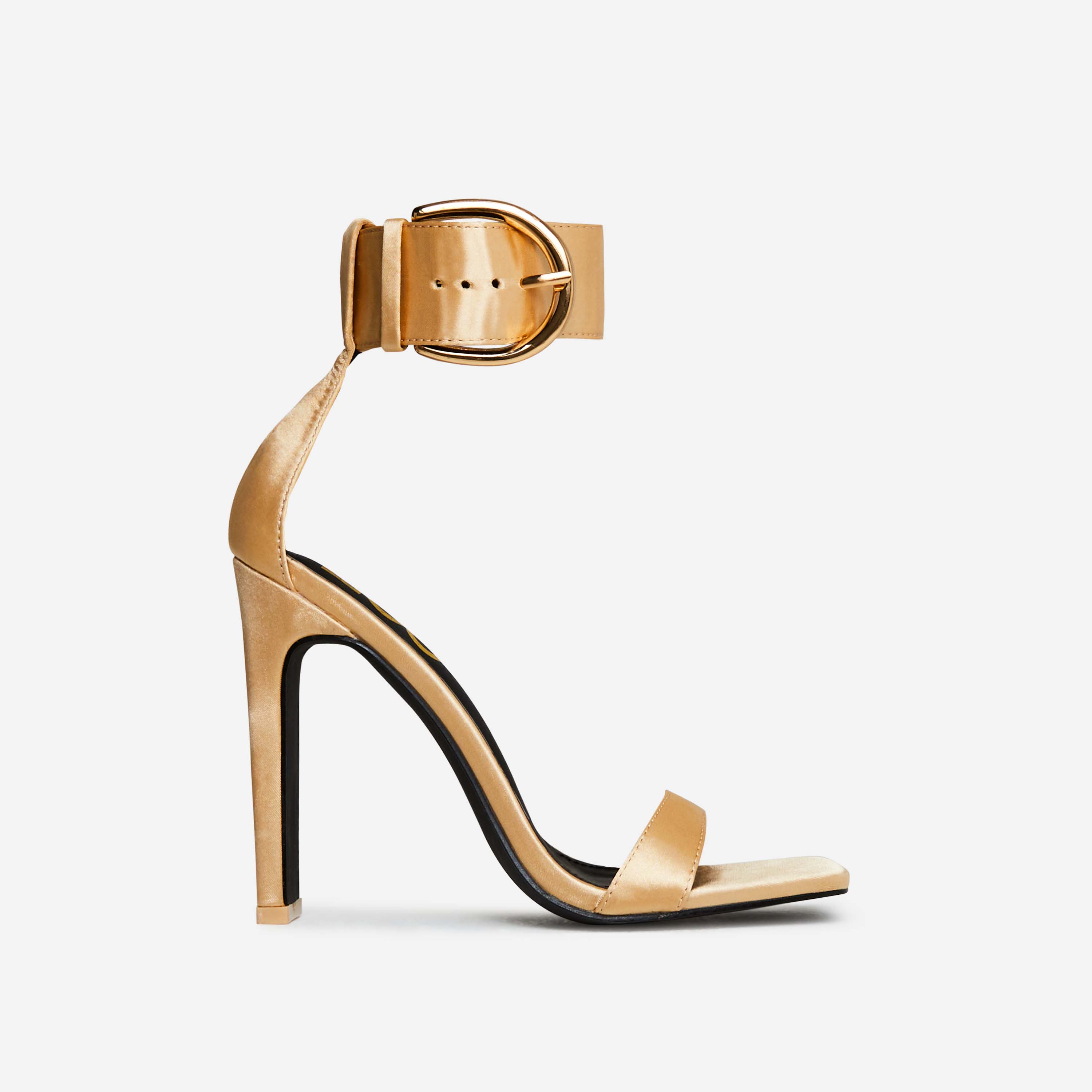 So-Am-I Oversized Buckle Detail Square Toe Thin Block Heel In Gold Satin, Gold (EGO SHOES)