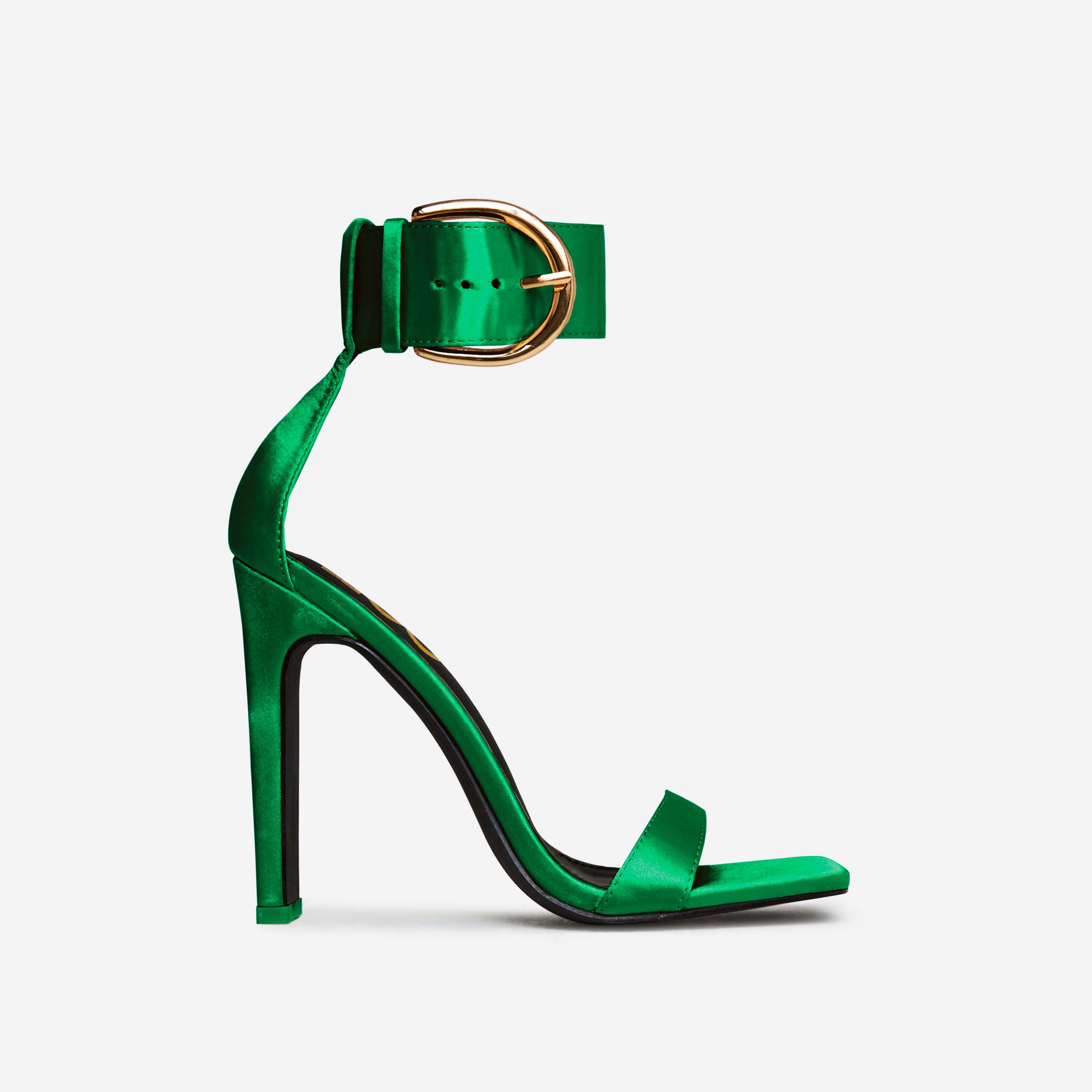 So-Am-I Oversized Buckle Detail Square Toe Thin Block Heel In Green Satin, Green (EGO SHOES)