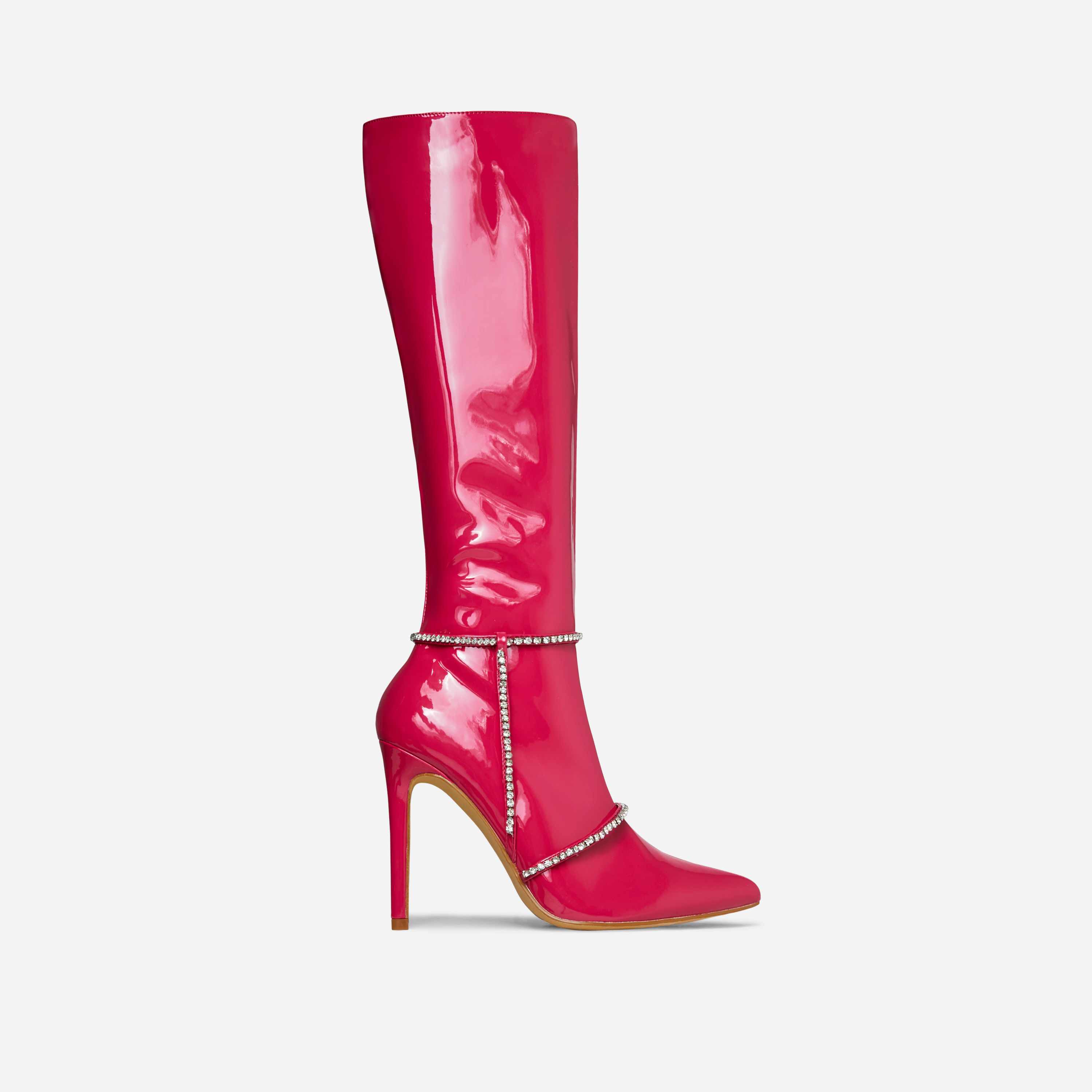 Spurs Diamante Detail Pointed Toe Stiletto Heel Mid Calf Long Boot In Pink Patent, Pink (EGO SHOES)