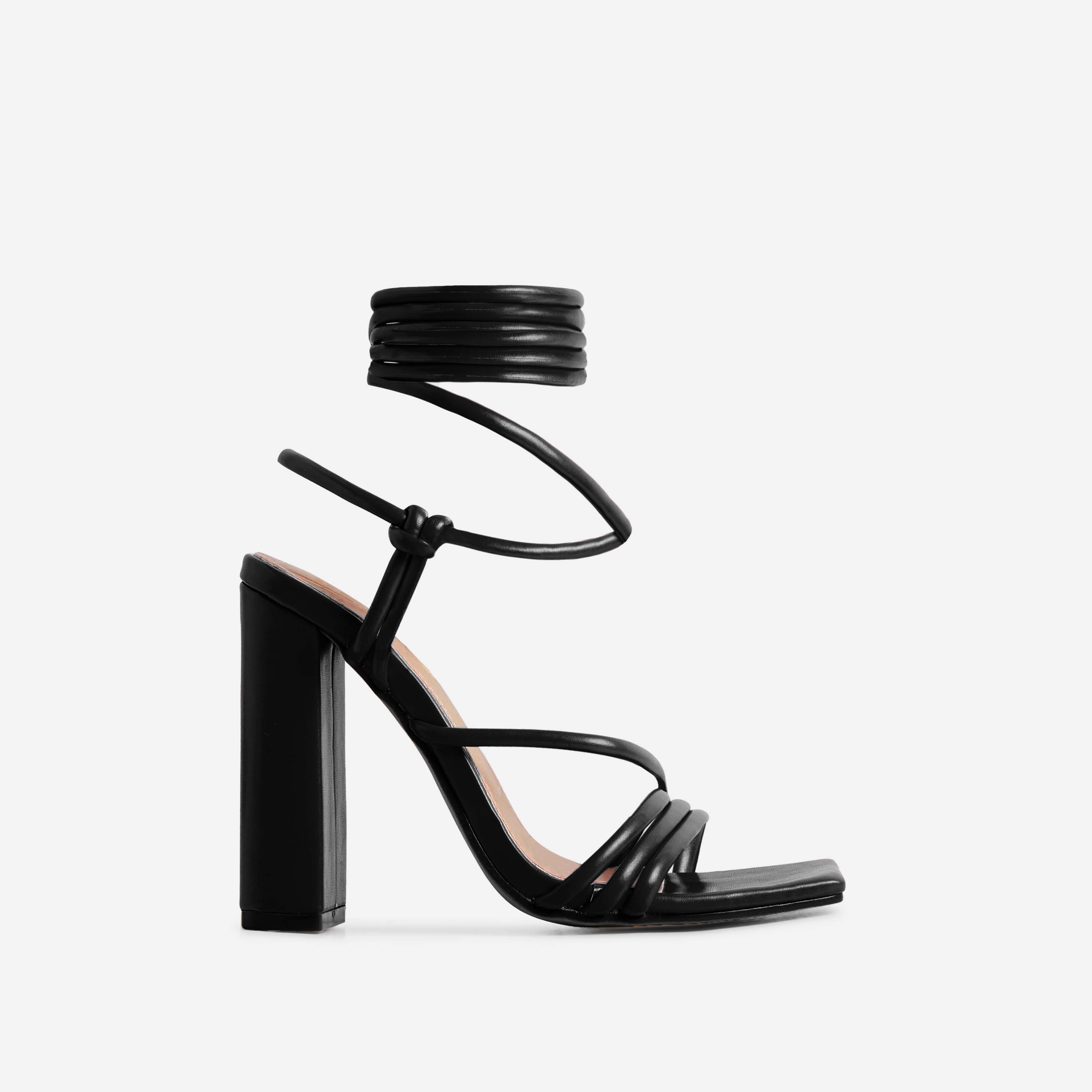 Stay-Gold Lace Up Knotted Strap Detail Square Toe Block Heel In Black Faux Leather, Black (EGO SHOES)