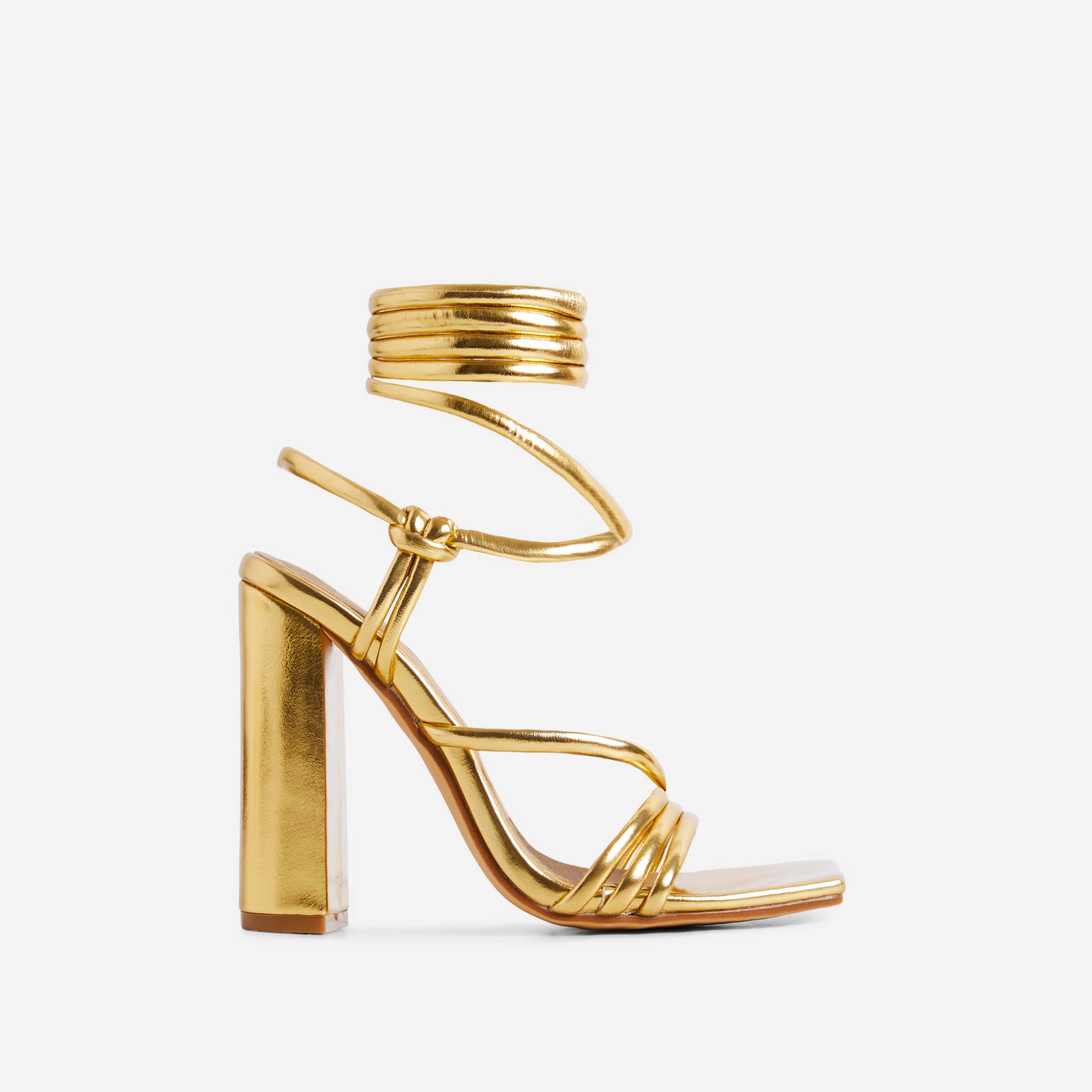 Stay-Gold Lace Up Knotted Strap Detail Square Toe Block Heel In Gold Metallic Faux Leather, Gold (EGO SHOES)