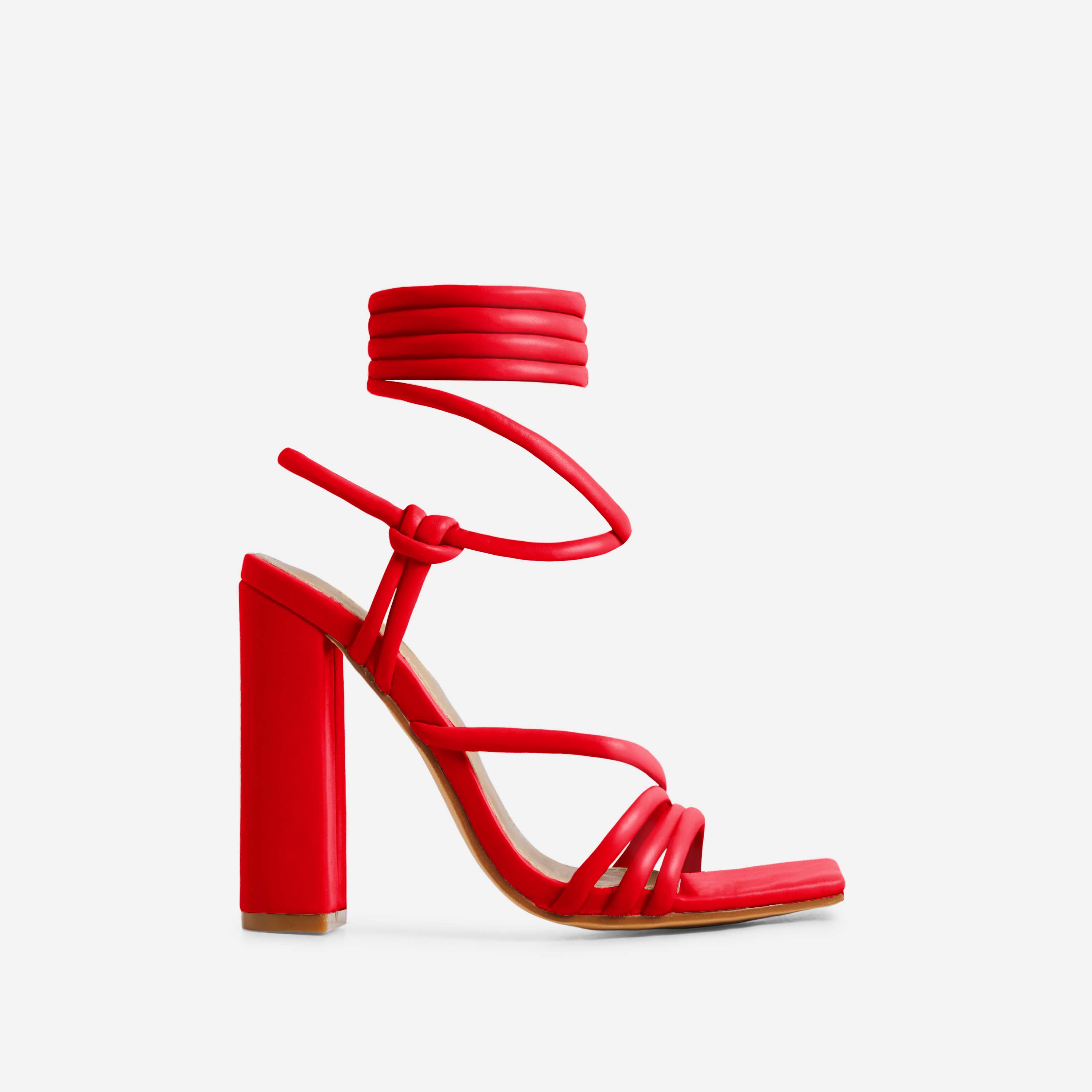 Stay-Gold Lace Up Knotted Strap Detail Square Toe Block Heel In Red Faux Leather, Red (EGO SHOES)