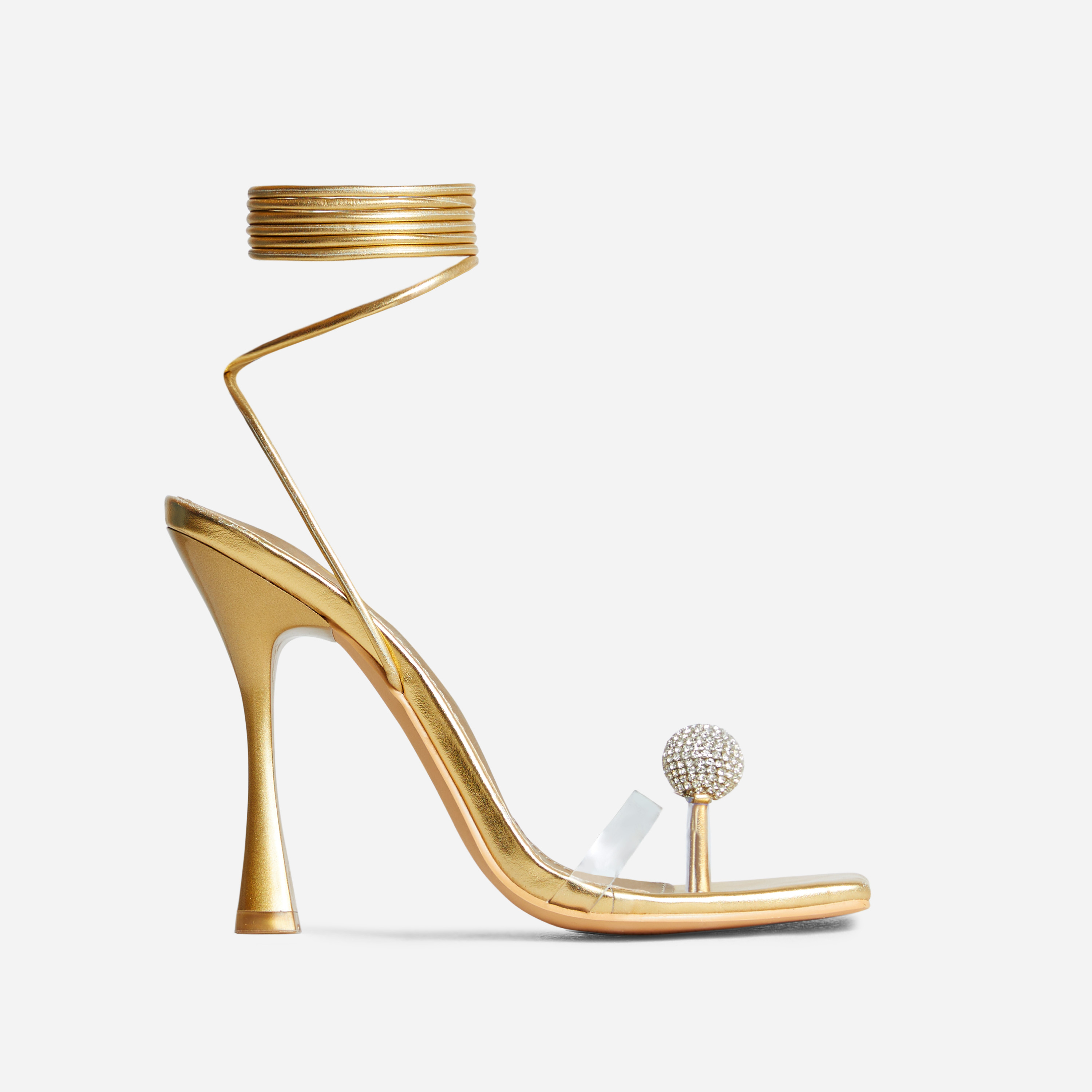 Sundale Lace Up Diamante Ball Detail Clear Perspex Strap Square Toe Thin Flared Heel In Gold Metallic Faux Leather, Gold (EGO SHOES)