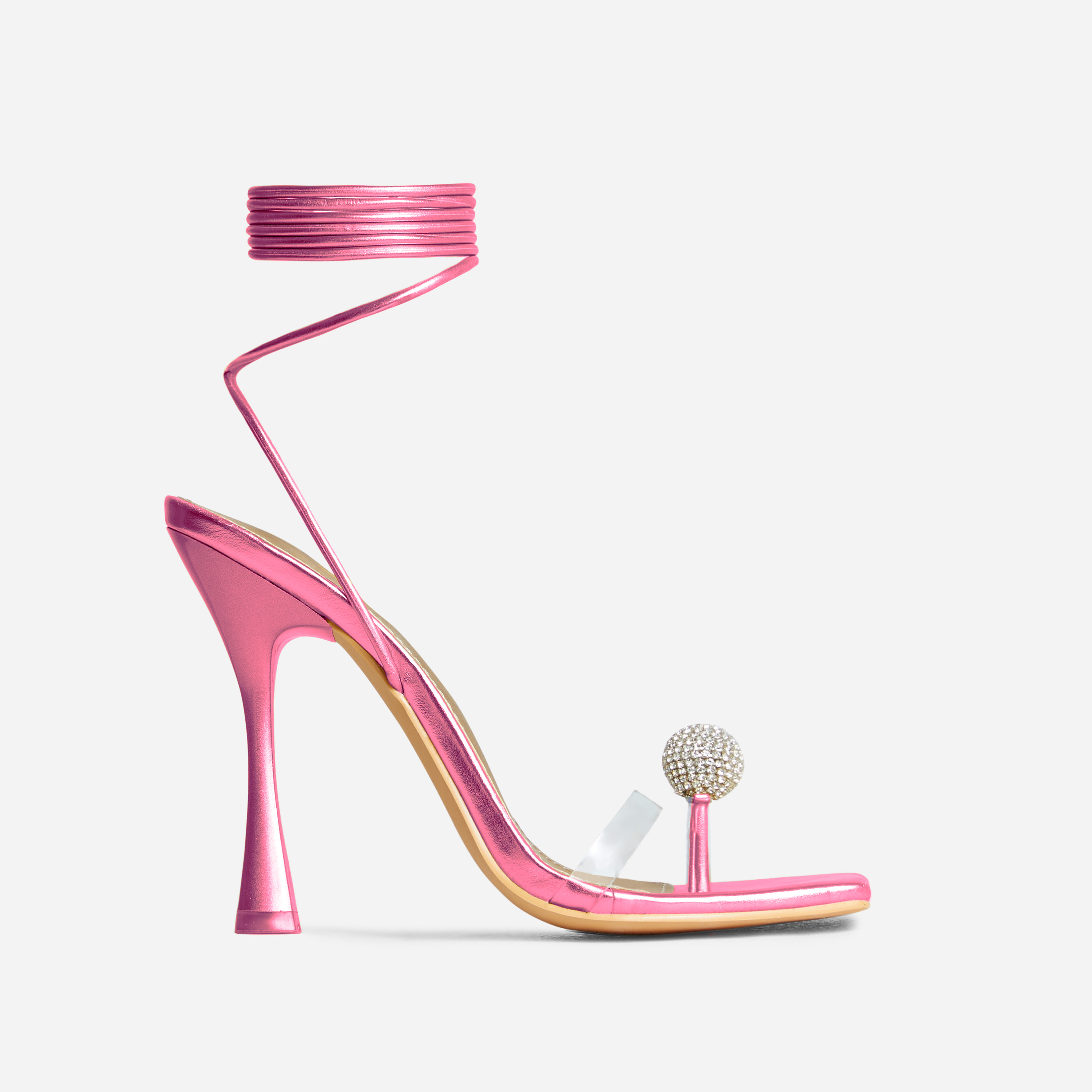 Sundale Lace Up Diamante Ball Detail Clear Perspex Strap Square Toe Thin Flared Heel In Pink Metallic Faux Leather, Pink (EGO SHOES)