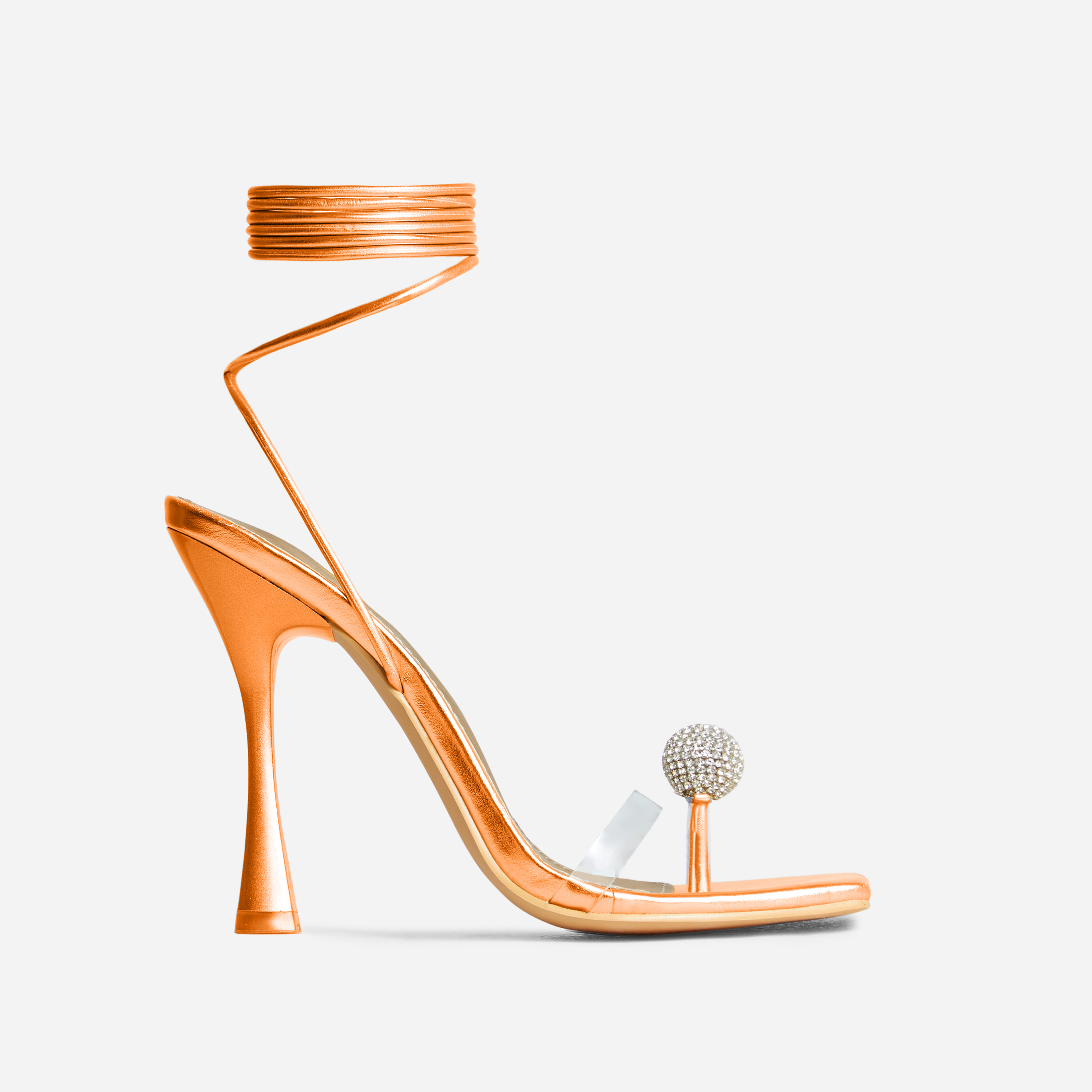 Sundale Lace Up Diamante Ball Detail Clear Perspex Strap Square Toe Thin Flared Heel In Orange Metallic Faux Leather, Orange (EGO SHOES)