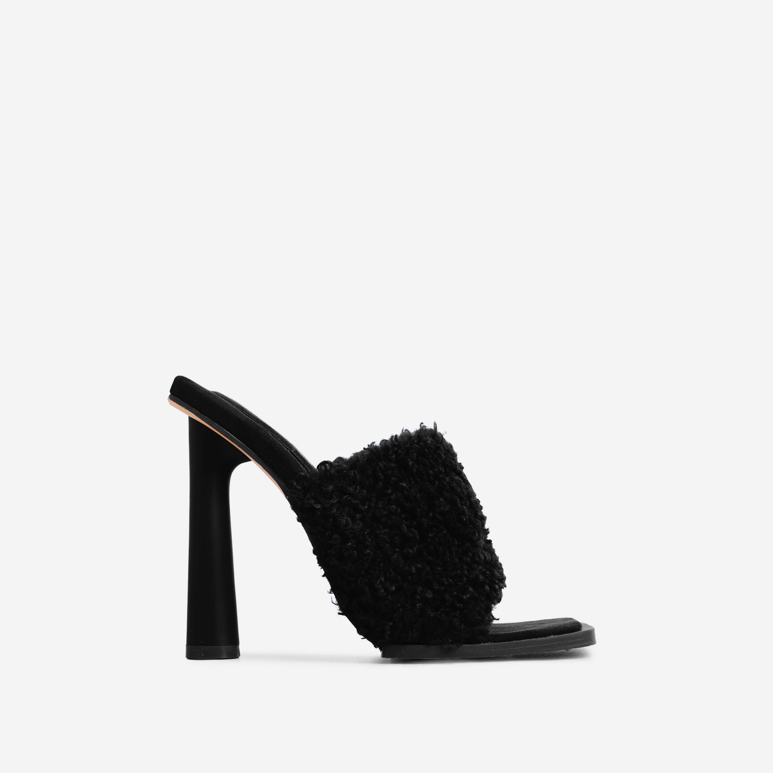 Sunny Square Toe Round Block Heel Mule In Black Faux Shearling, Black (EGO SHOES)