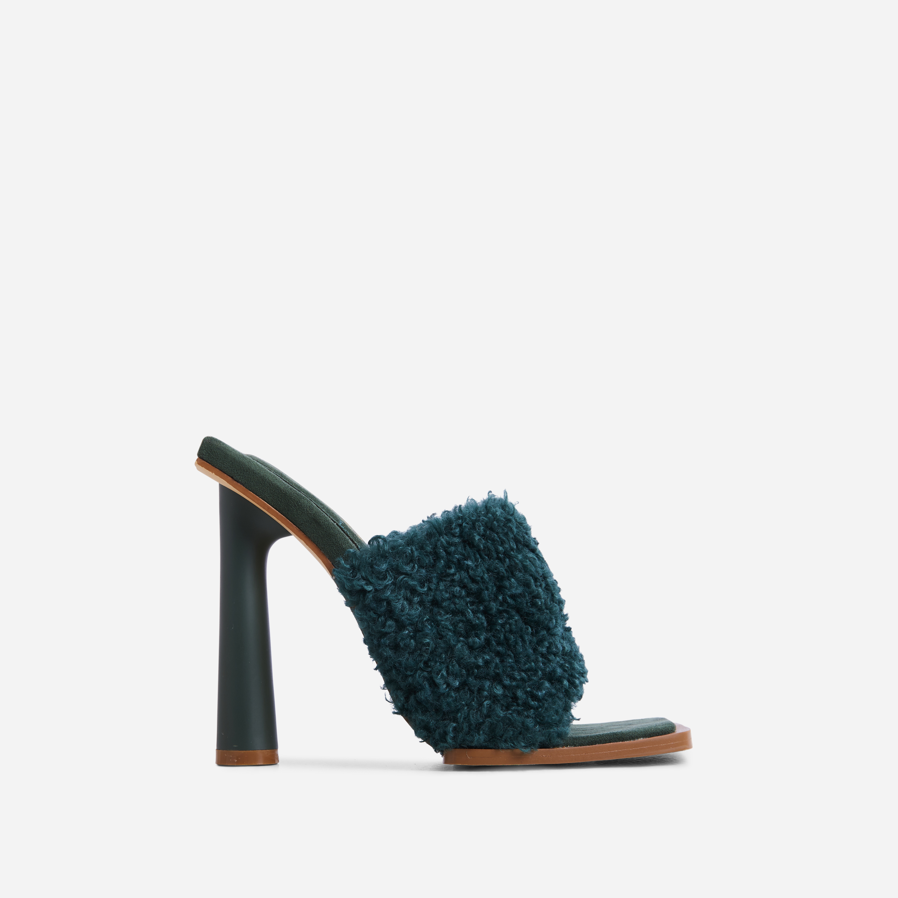 Sunny Square Toe Round Block Heel Mule In Dark Green Faux Shearling, Green (EGO SHOES)