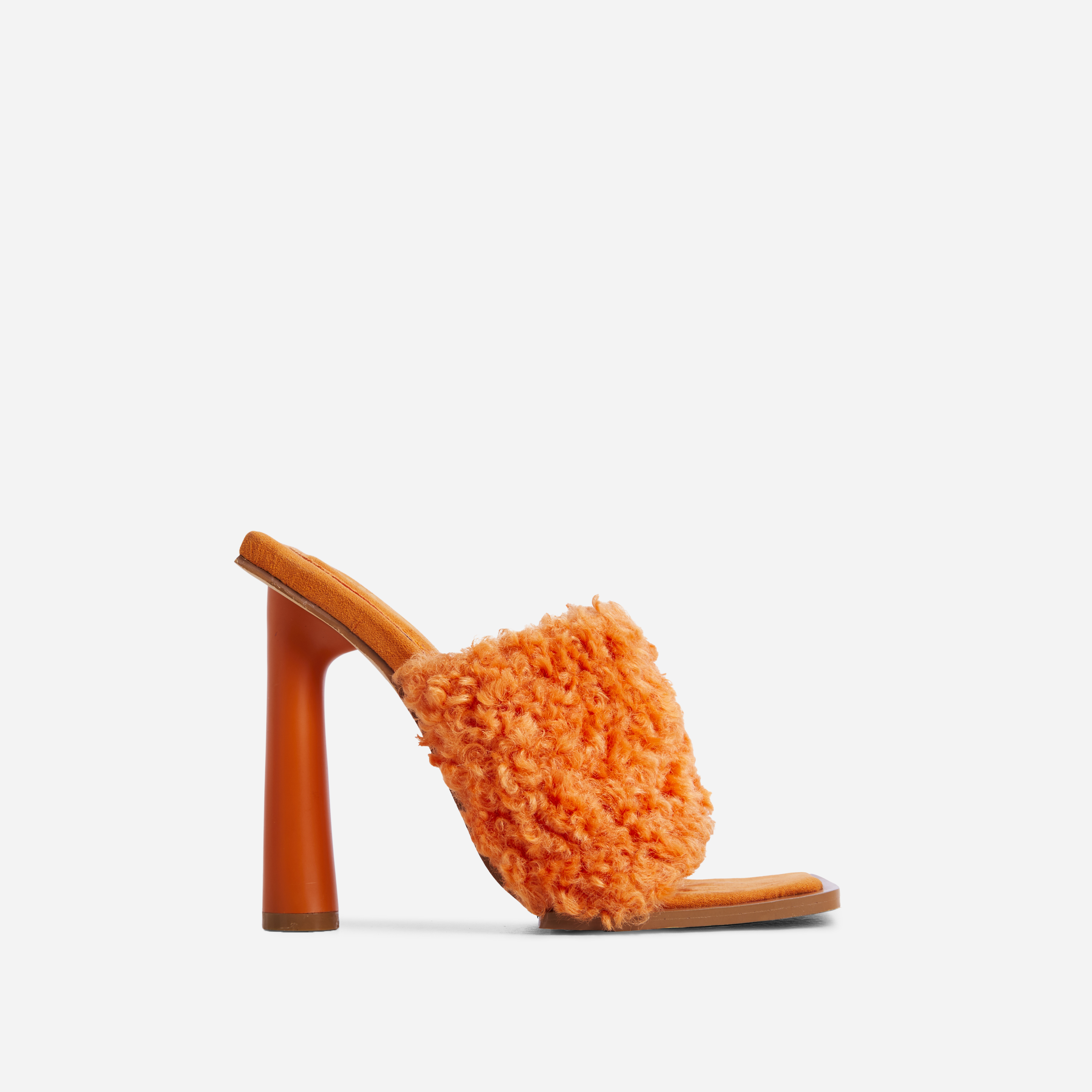 Sunny Square Toe Round Block Heel Mule In Orange Faux Shearling, Orange (EGO SHOES)