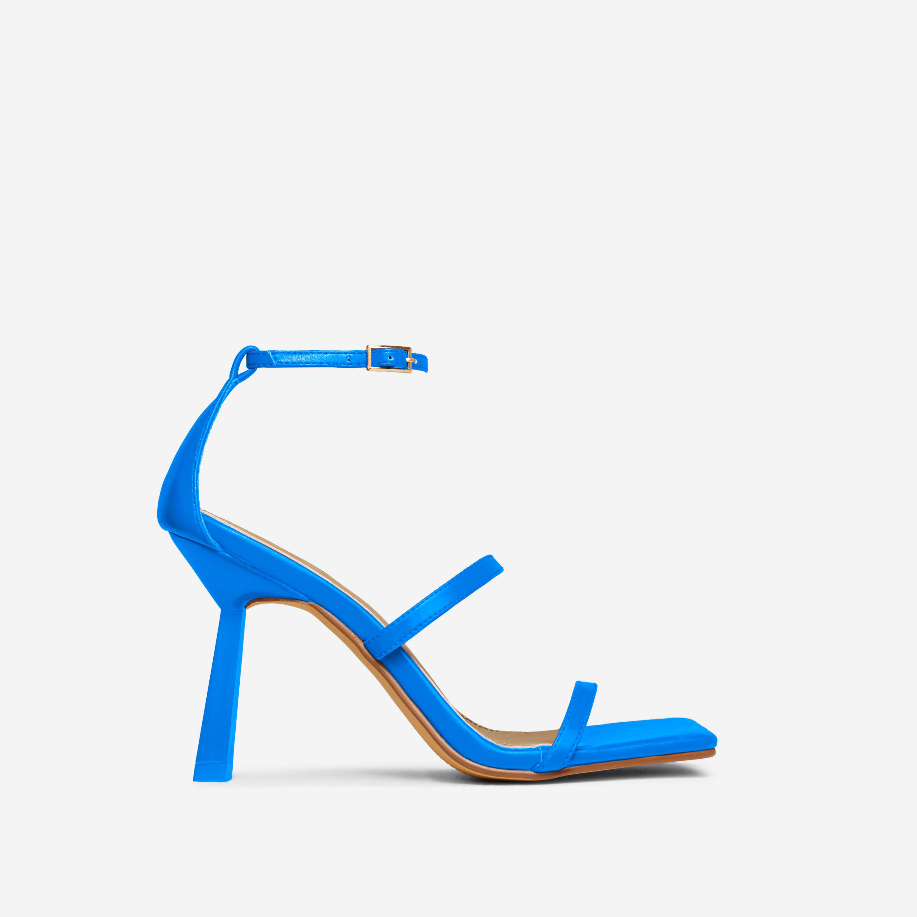 Tai Triple Strap Chain Detail Square Toe Slanted Heel In Blue Faux Leather, Blue (EGO SHOES)