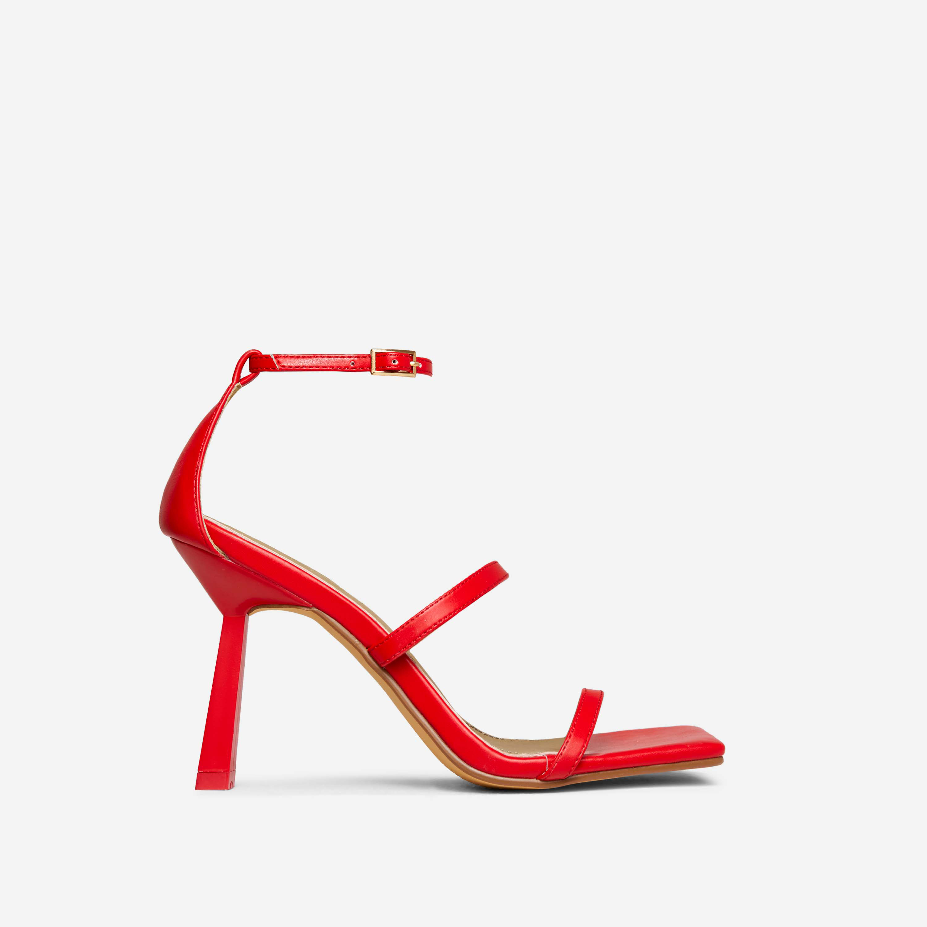 Tai Triple Strap Chain Detail Square Toe Slanted Heel In Red Faux Leather, Red (EGO SHOES)