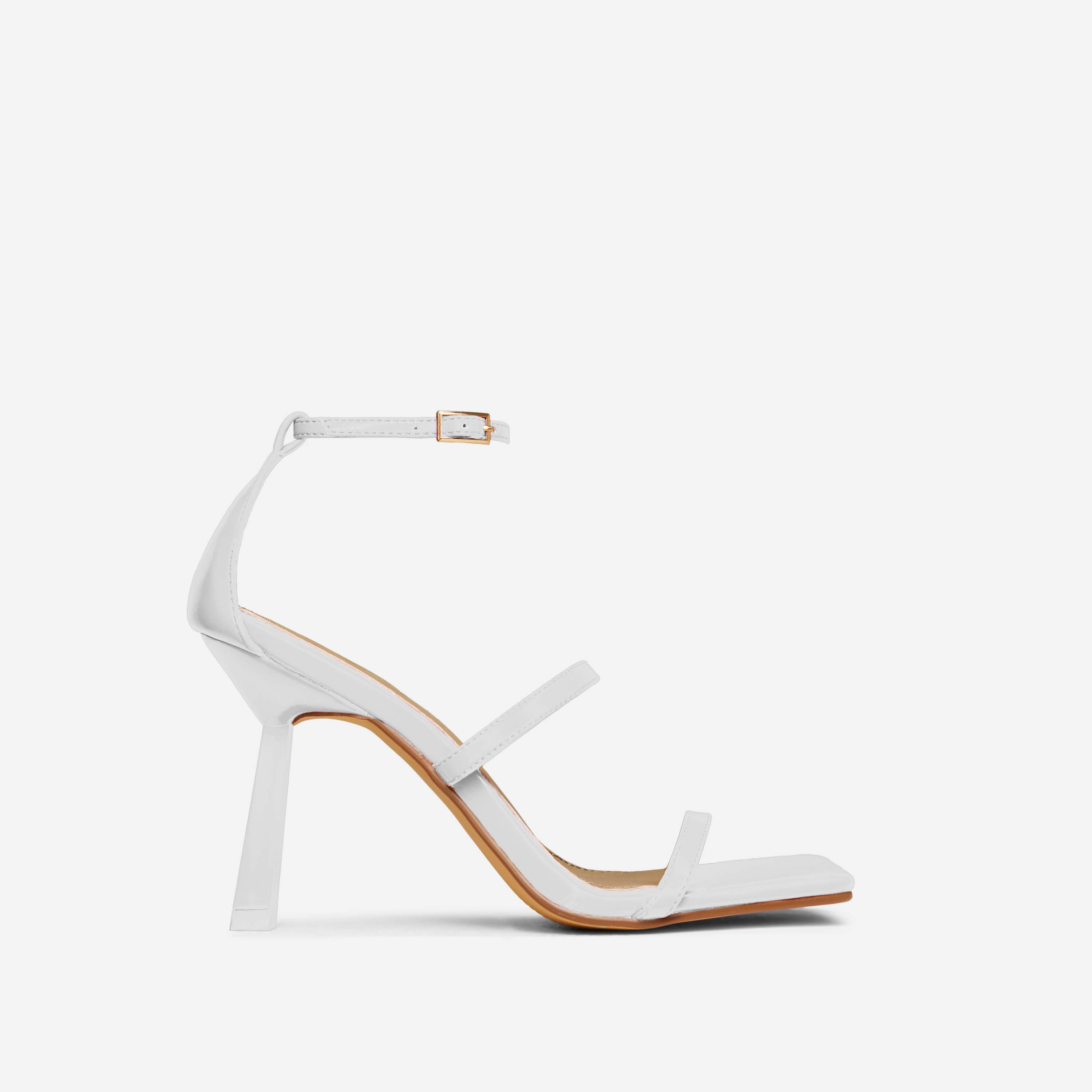 Tai Triple Strap Chain Detail Square Toe Slanted Heel In White Faux Leather, White (EGO SHOES)