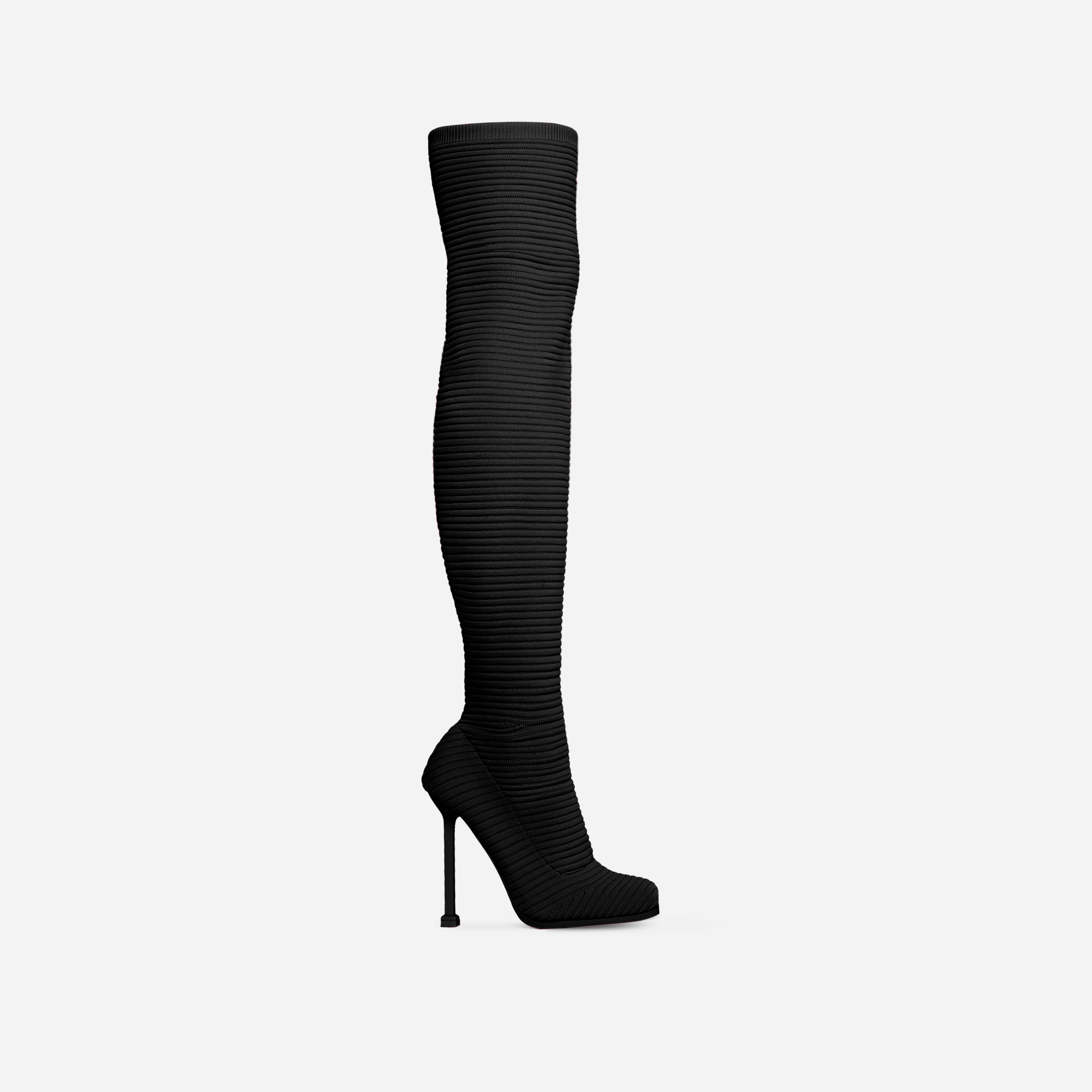 That-Girl Square Toe Stiletto Heel Over the Knee Thigh High Long Sock Boot In Black Ribbed Knit, Black (EGO SHOES)