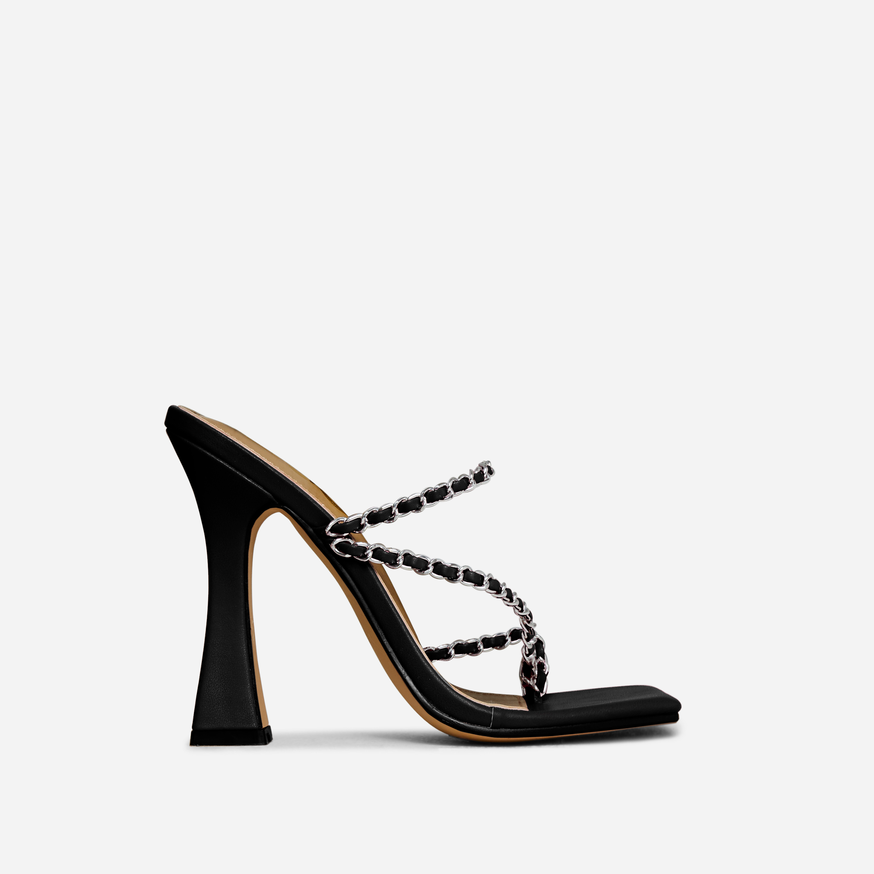 Tiara Chain Strap Square Toe Flared Block Heel Mule In Black Faux Leather, Black (EGO SHOES)