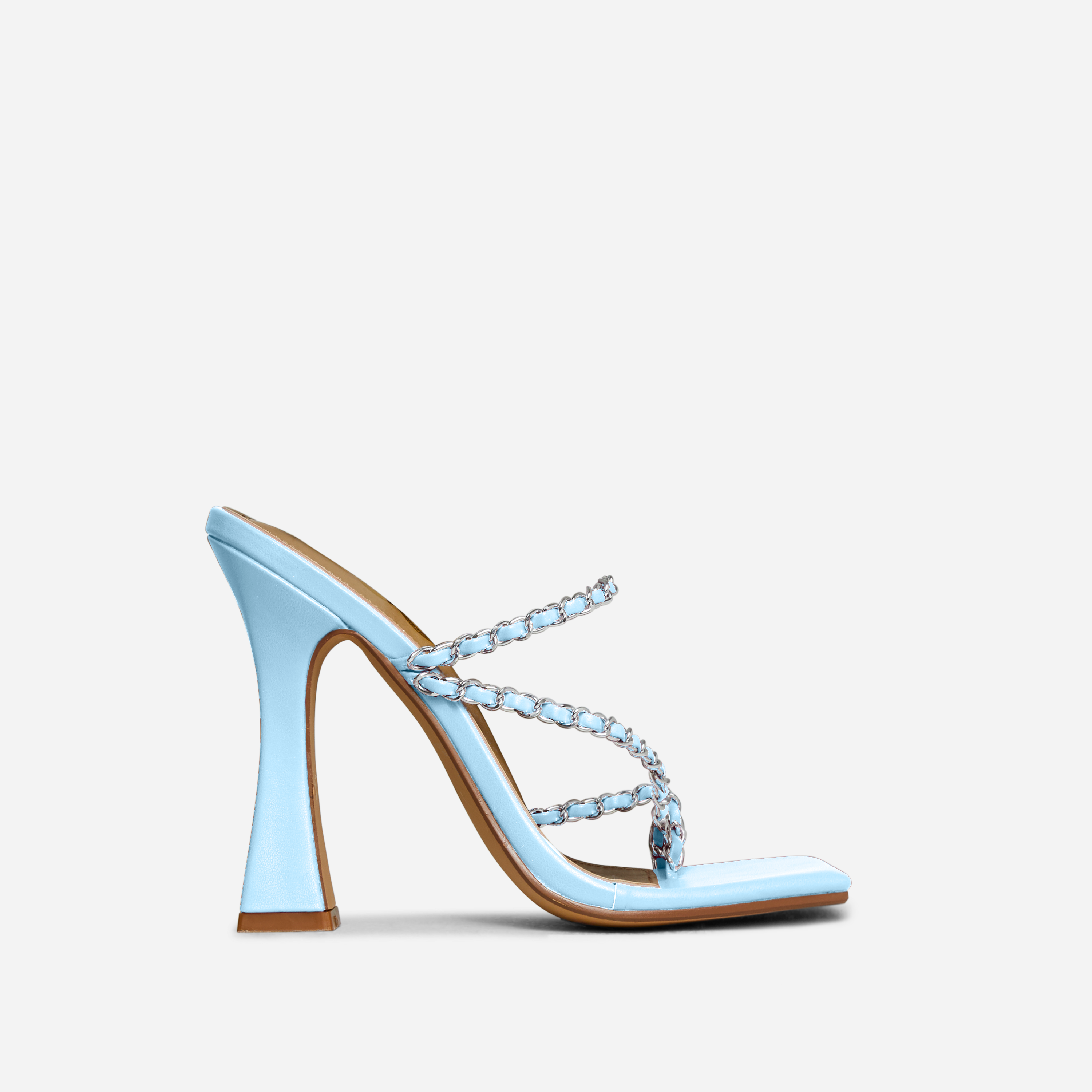 Tiara Chain Strap Square Toe Flared Block Heel Mule In Blue Faux Leather, Blue (EGO SHOES)