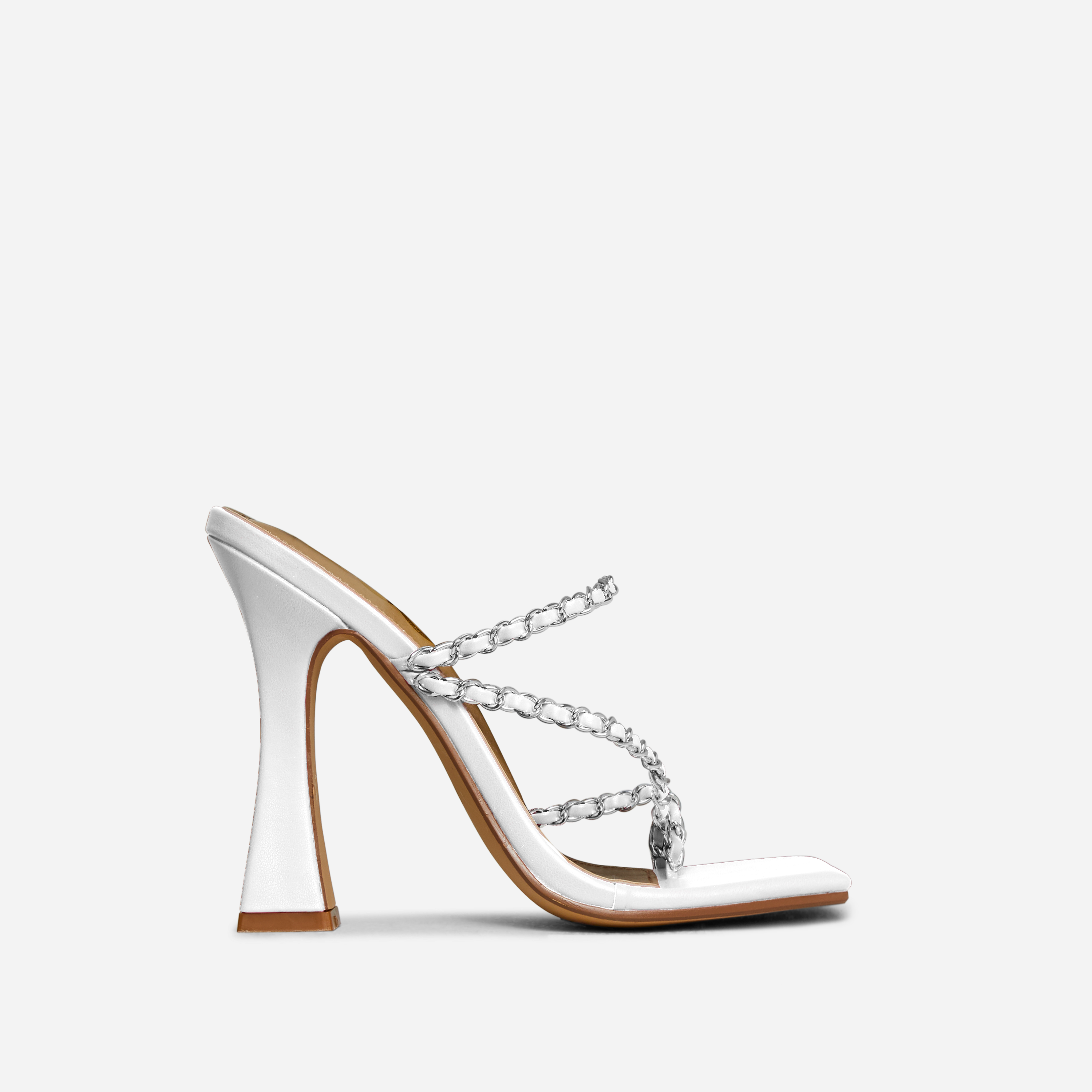 Tiara Chain Strap Square Toe Flared Block Heel Mule In White Faux Leather, White (EGO SHOES)