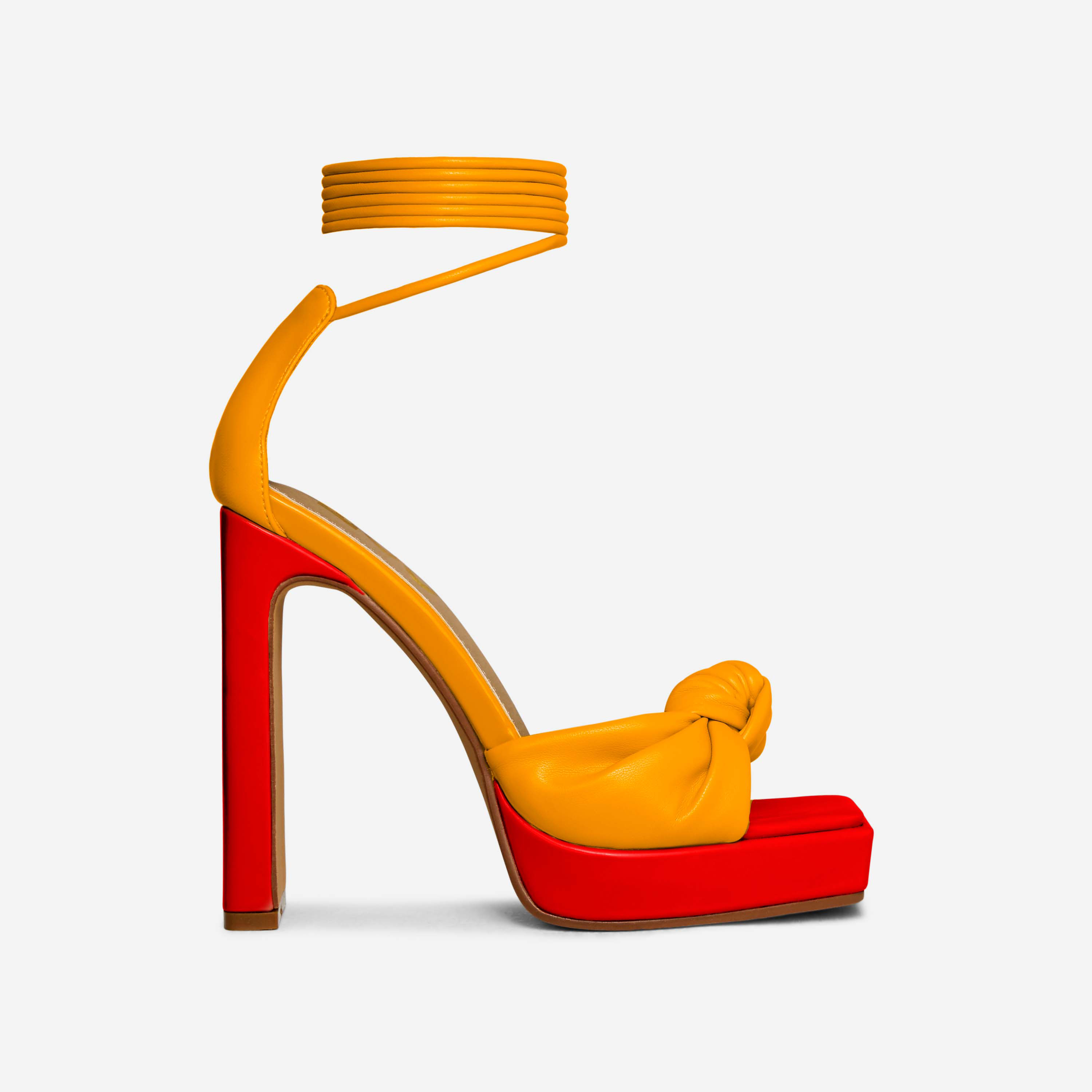 Tiffa Lace Up Knotted Detail Square Toe Patent Platform Thin Block Heel In Orange Faux Leather, Orange (EGO SHOES)