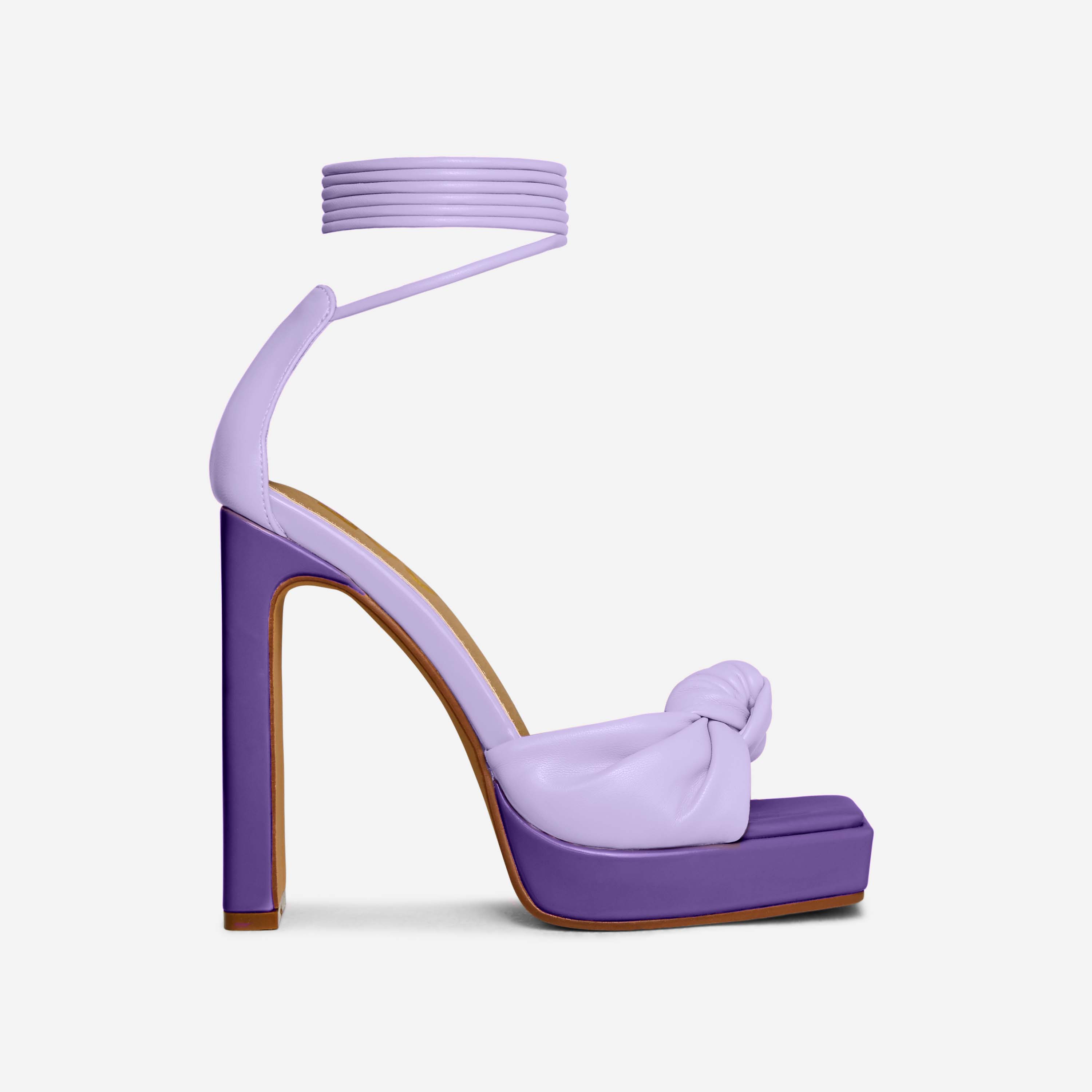 Tiffa Lace Up Knotted Detail Square Toe Patent Platform Thin Block Heel In Lilac Faux Leather, Purple (EGO SHOES)