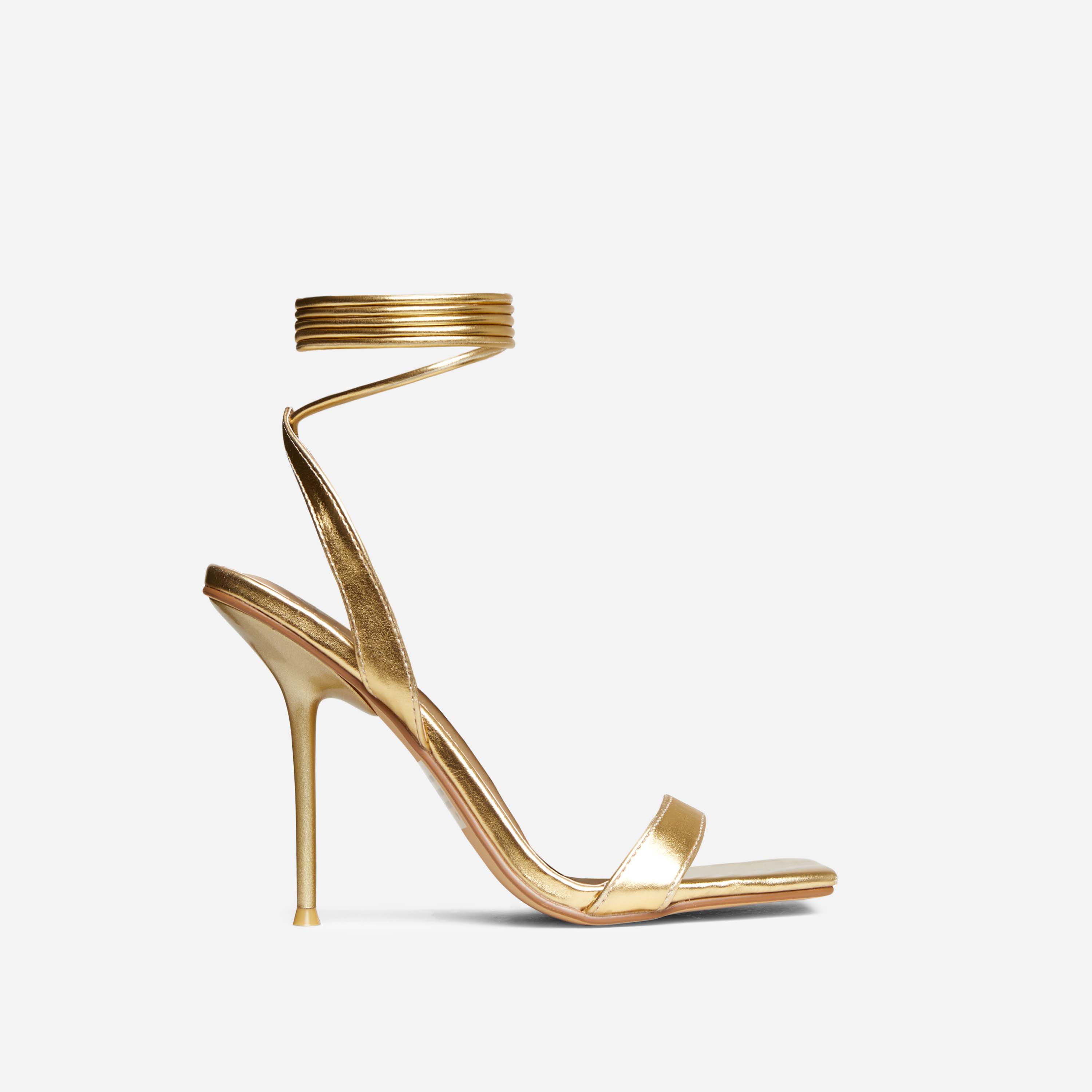 Tonka Lace Up Square Toe Thin Stiletto Heel In Gold Metallic Faux Leather, Gold (EGO SHOES)