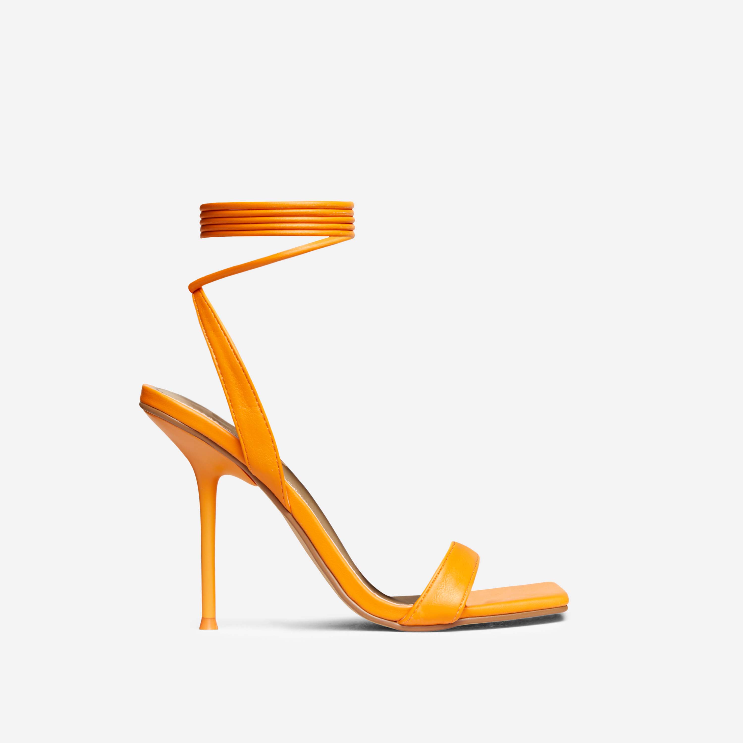 Tonka Lace Up Square Toe Thin Stiletto Heel In Orange Faux Leather, Orange (EGO SHOES)