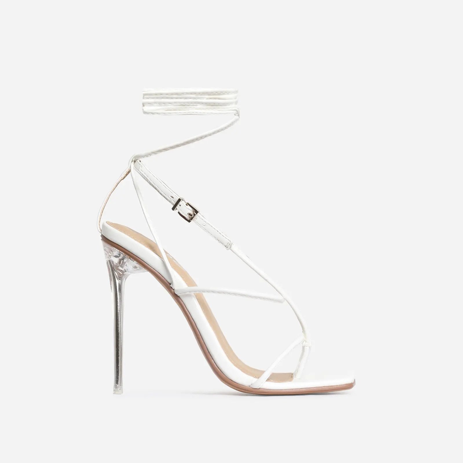 True Wide Fit Square Toe Lace Up Clear Perspex Heel In White Faux Leather, White (EGO SHOES)