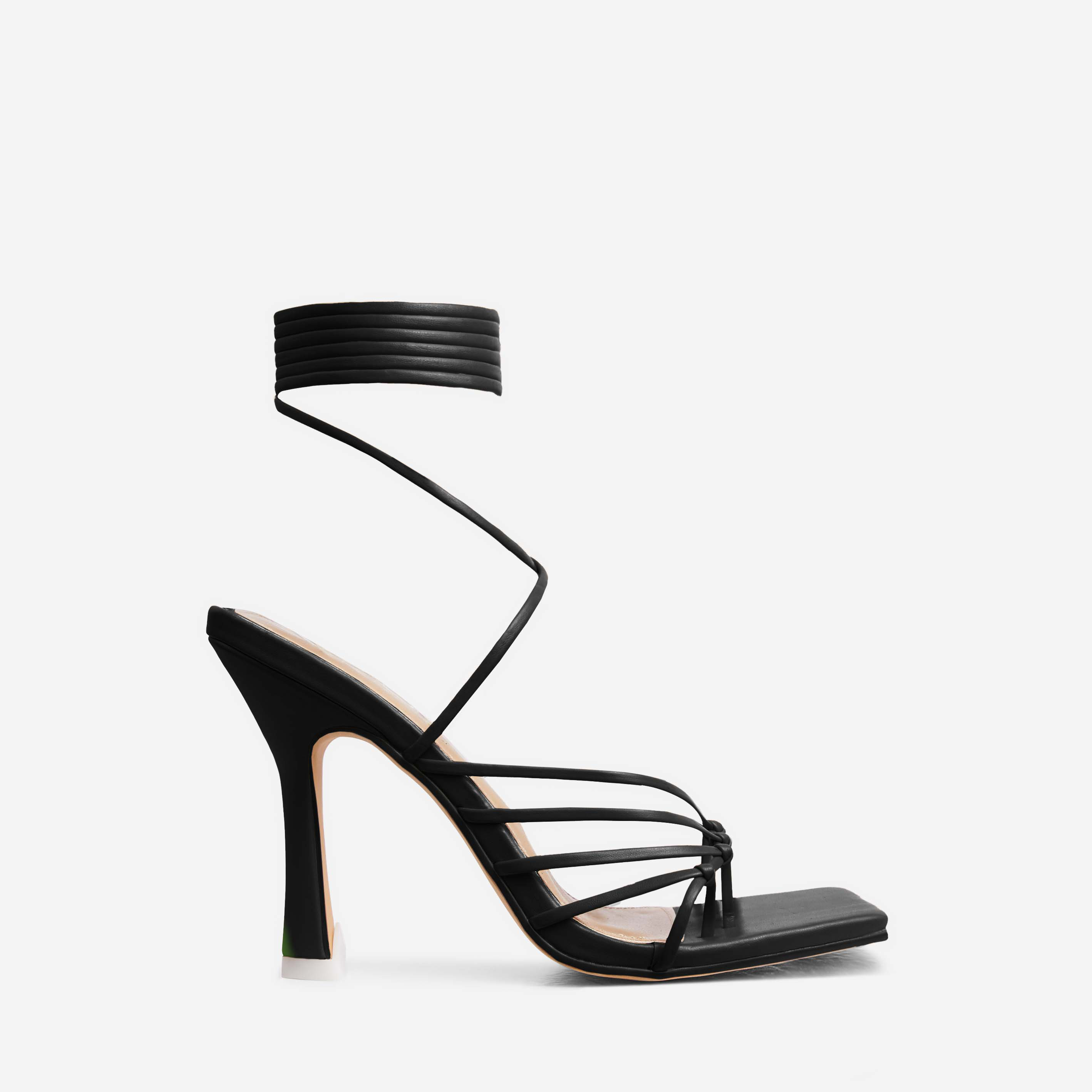 Um-Yea Lace Up Knotted Strap Detail Square Toe Flared Heel In Black Faux Leather, Black (EGO SHOES)