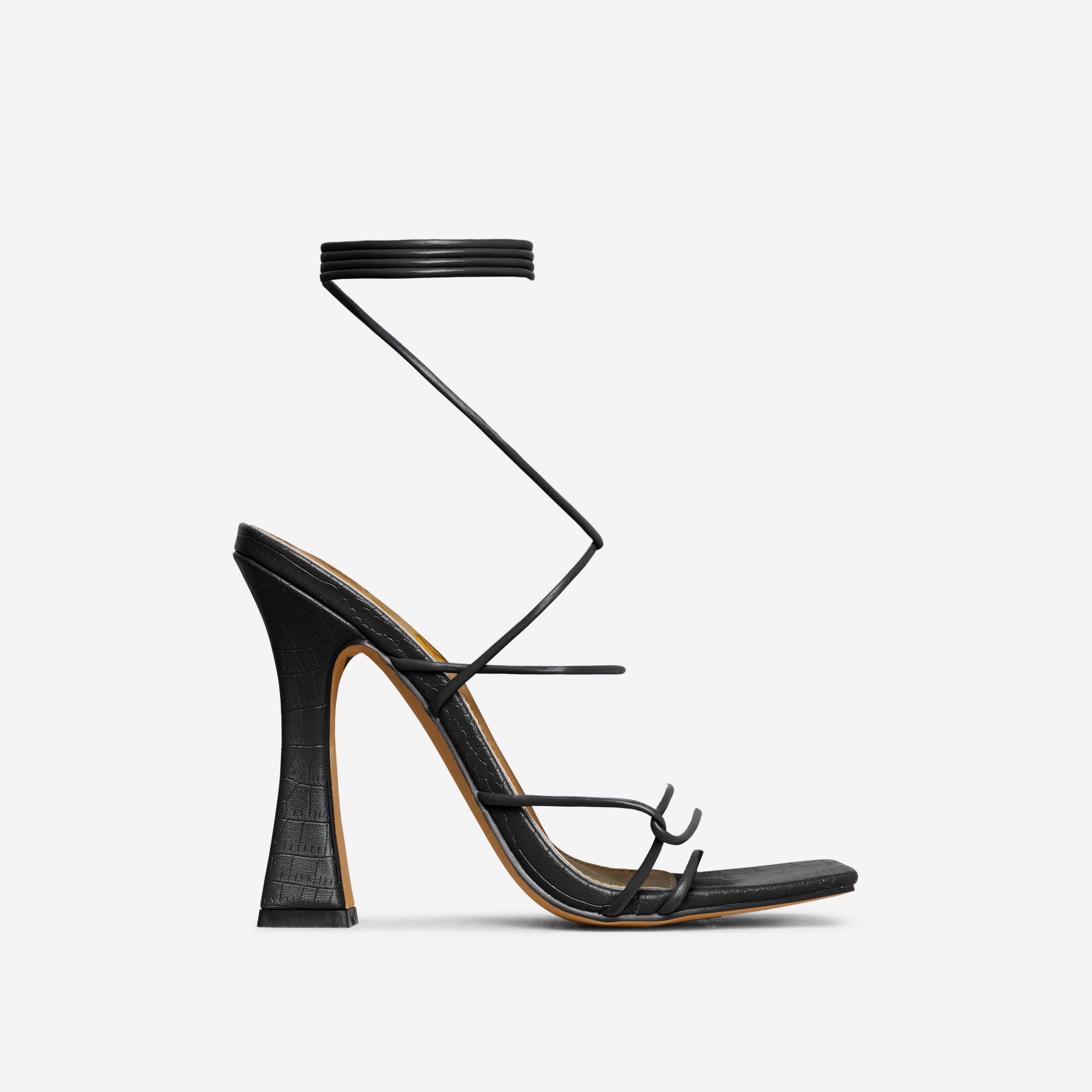 Waves Lace Up Strappy Square Toe Flared Block Heel In Black Croc Print Faux Leather, Black (EGO SHOES)