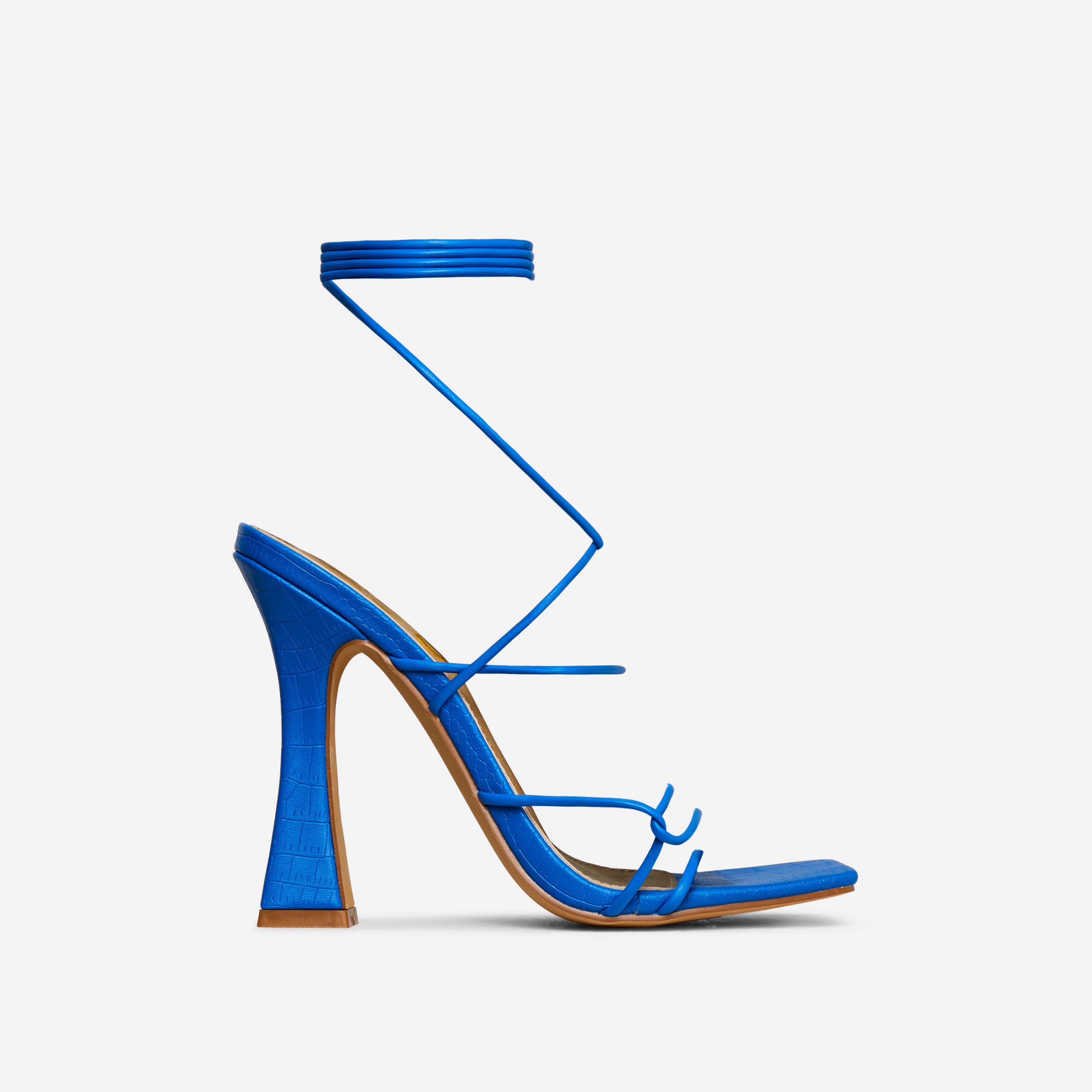 Waves Lace Up Strappy Square Toe Flared Block Heel In Blue Croc Print Faux Leather, Blue (EGO SHOES)