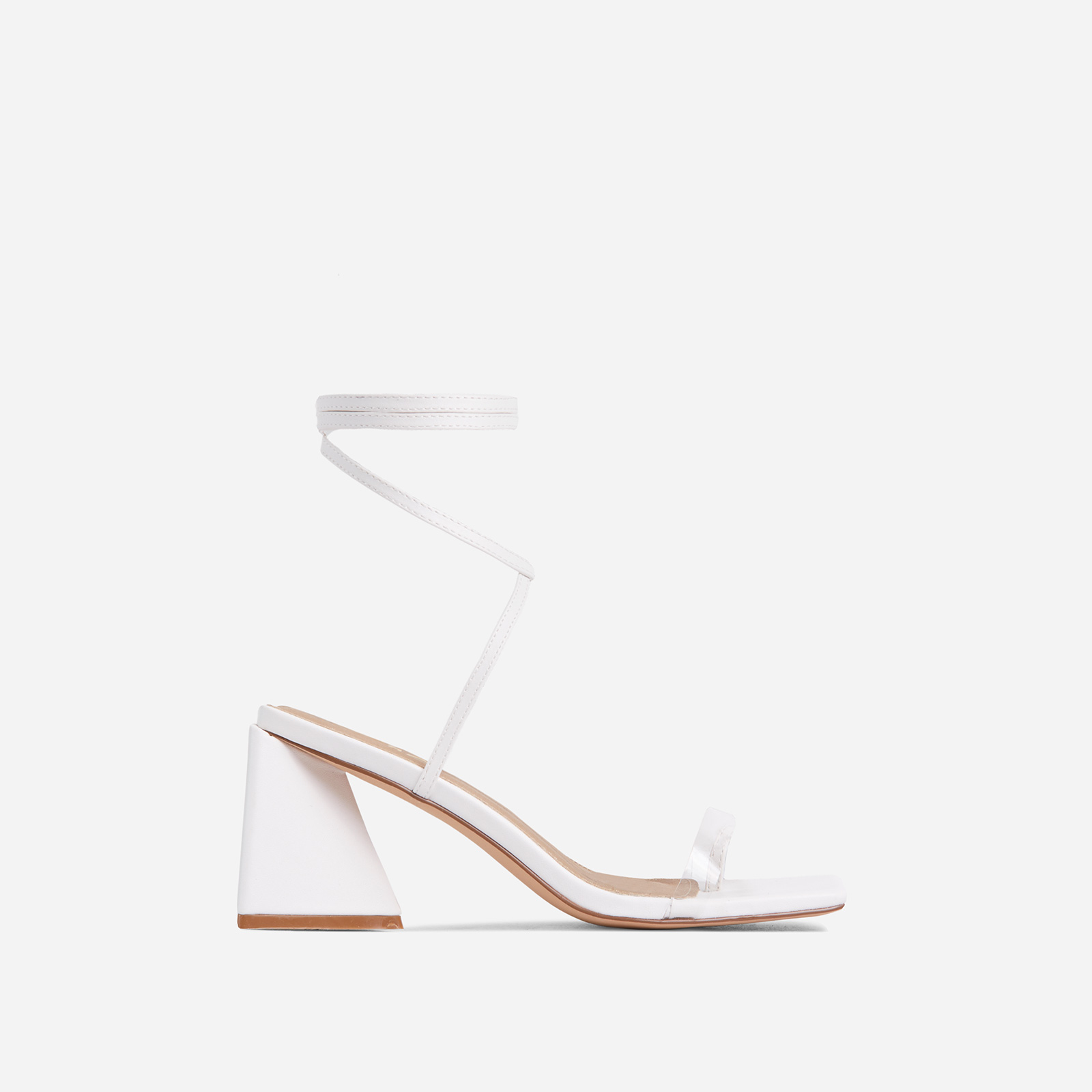 Willow Clear Perspex Strap Detail Lace Up Square Toe Sculptured Flared Low Block In White Faux Leather, White (EGO SHOES)