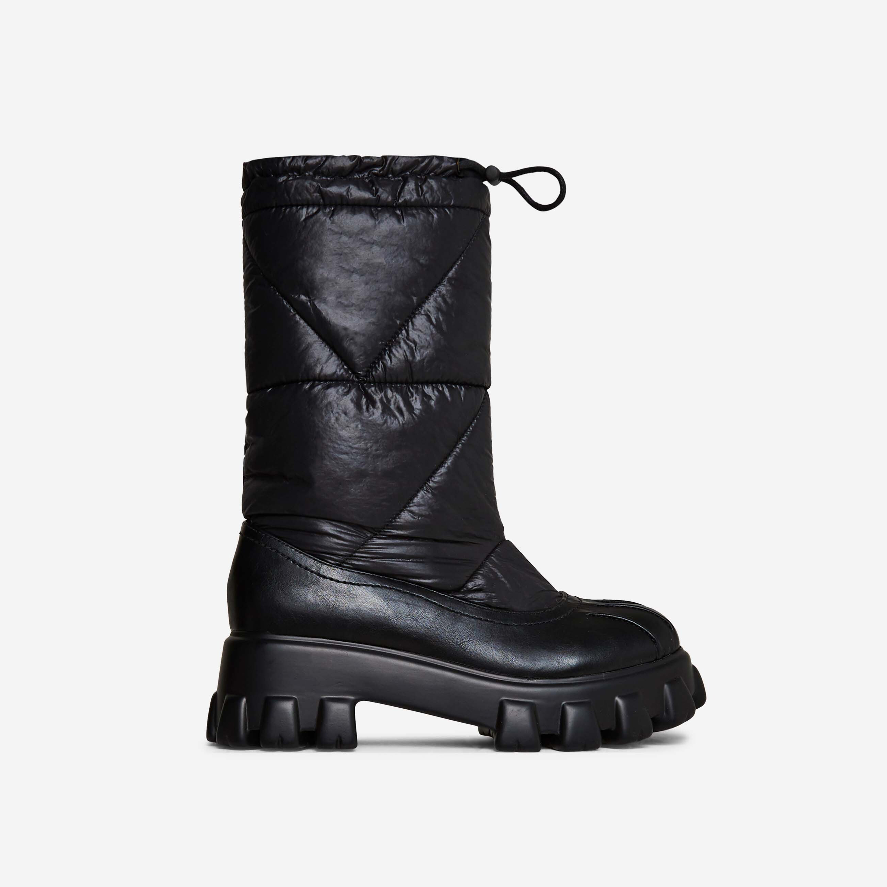 Wyatt Chunky Sole Puffer Drawstring Detail Mid Calf Ankle Biker Boot In Black Nylon, Black (EGO SHOES)