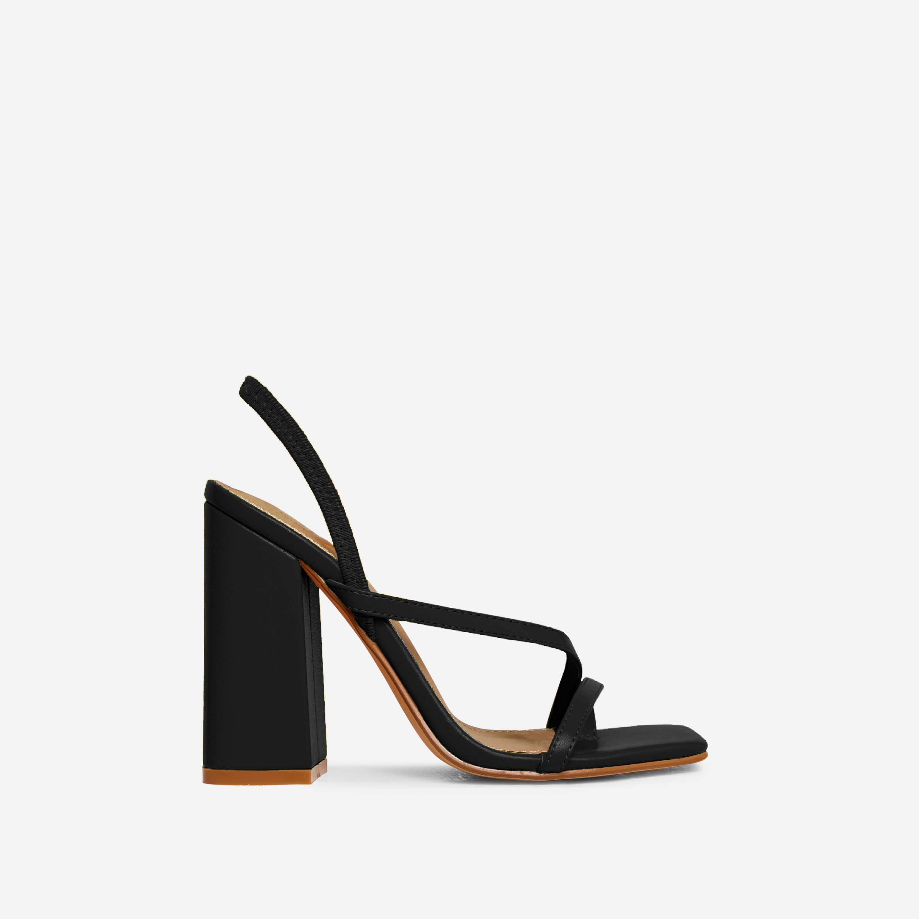 Wyoming Strappy Square Toe Slingback Block Heel In Black Faux Leather, Black (EGO SHOES)