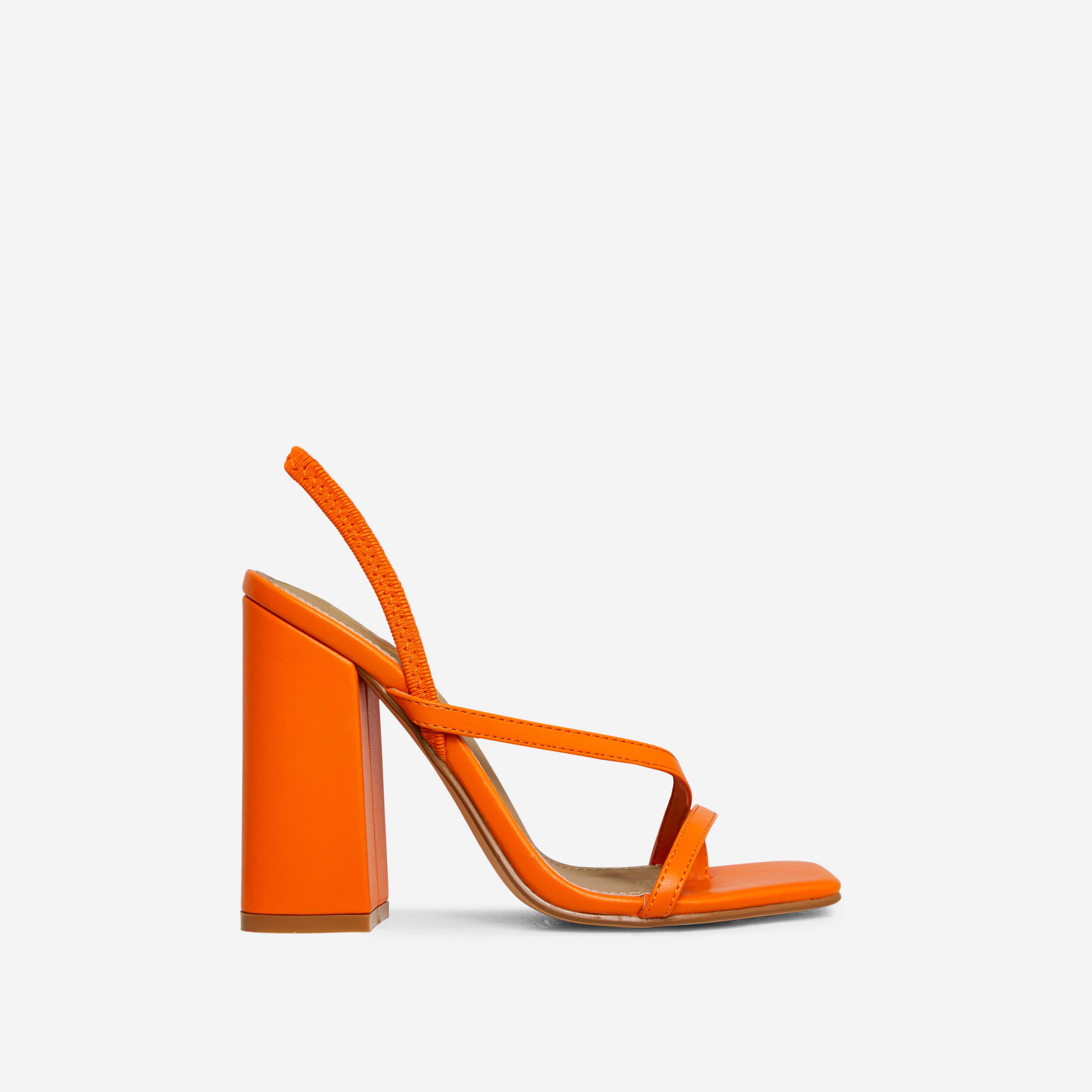 Wyoming Strappy Square Toe Slingback Block Heel In Orange Faux Leather, Orange (EGO SHOES)