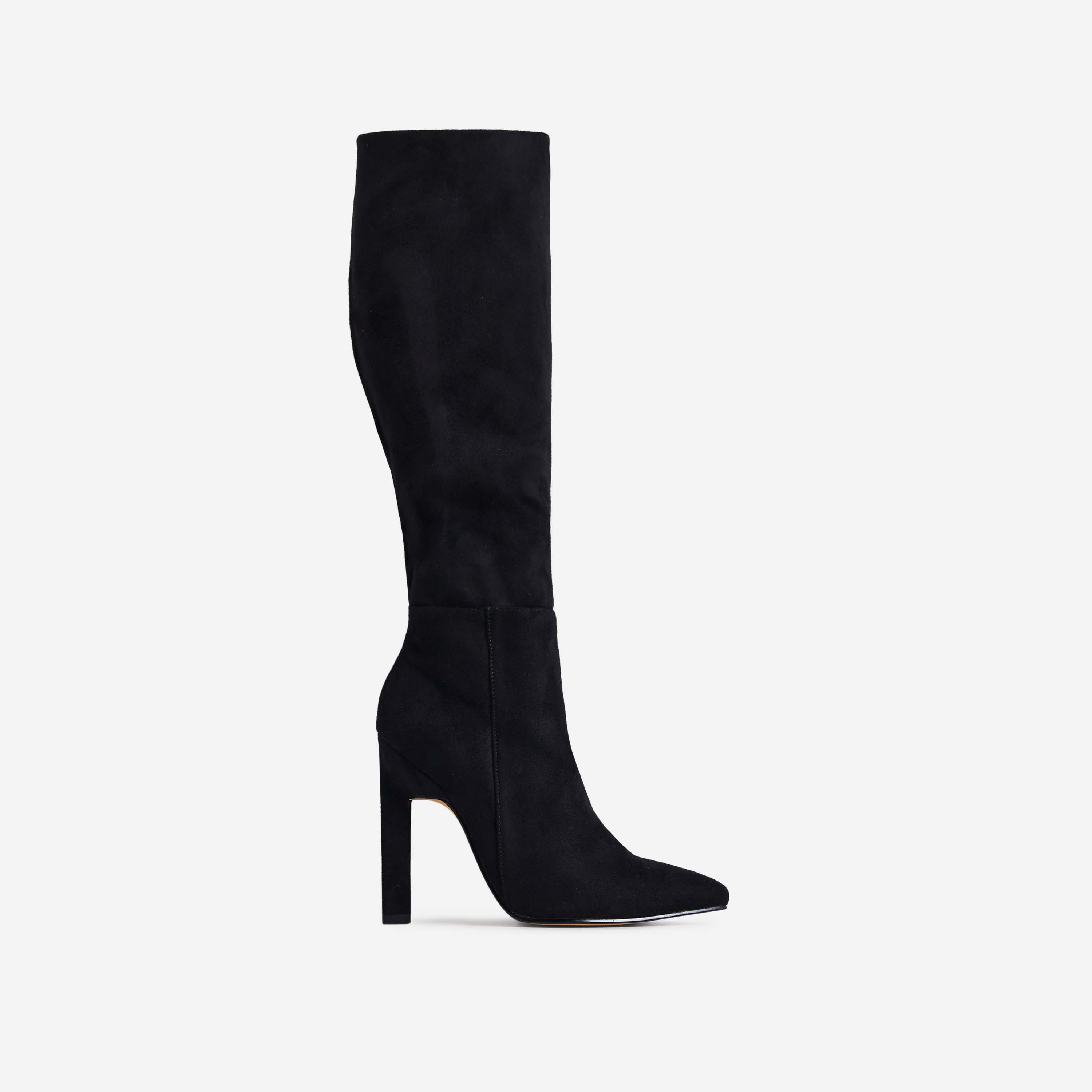 Yoki Pointed Toe Thin Block Heel Knee High Long Boot In Black Faux Suede, Black (EGO SHOES)