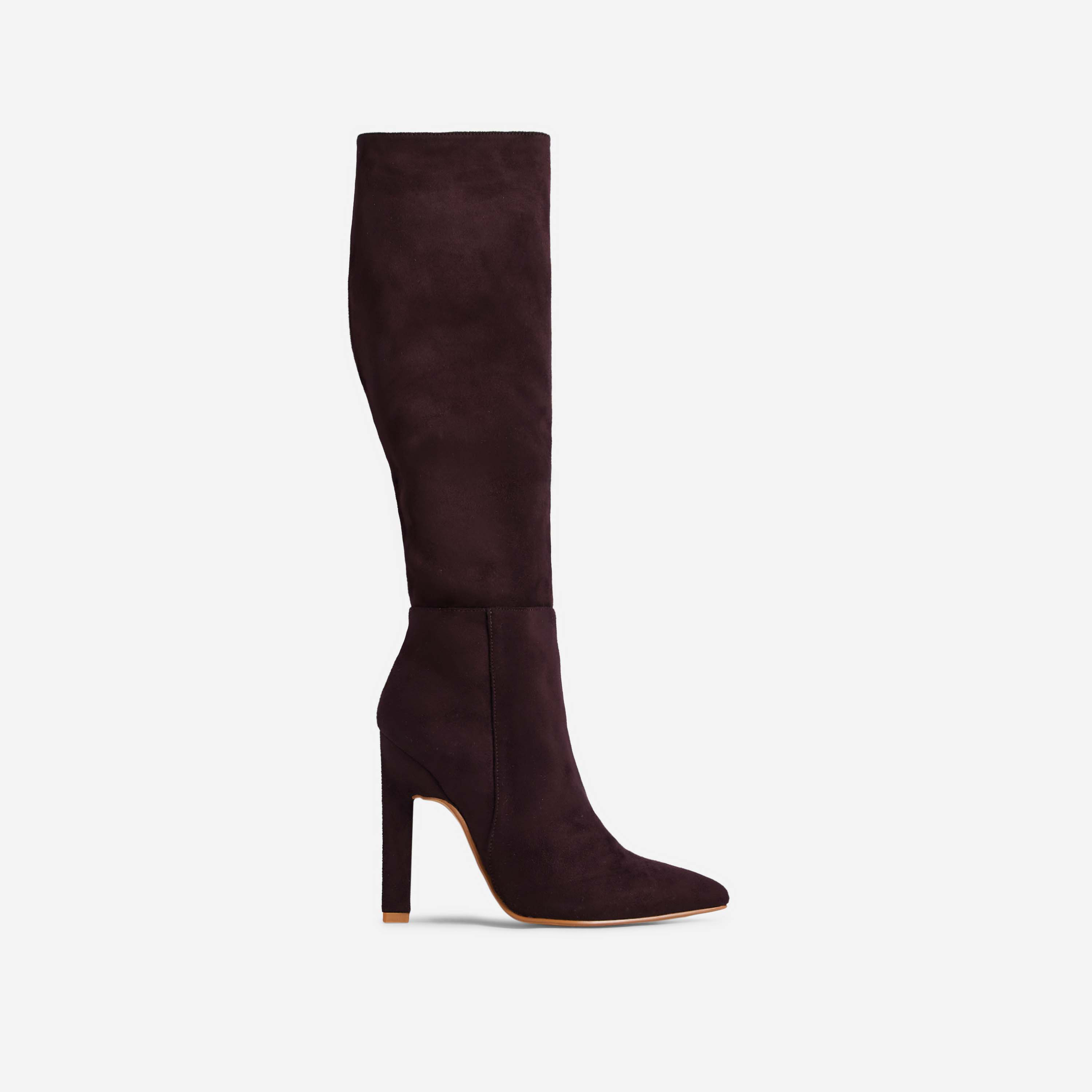 Yoki Pointed Toe Thin Block Heel Knee High Long Boot In Dark Brown Faux Suede, Brown (EGO SHOES)